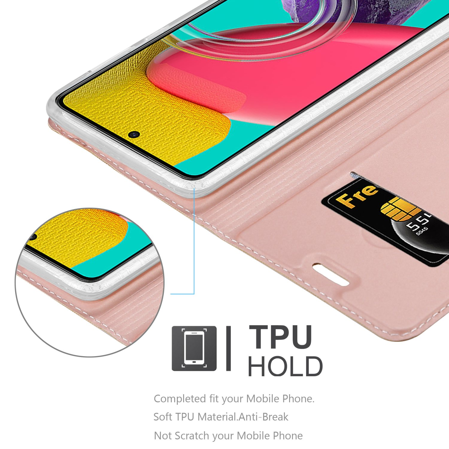 Custodia per telefono rosa con telefono all'interno. Il telefono è all'interno della custodia e ha una scheda nera inserita.