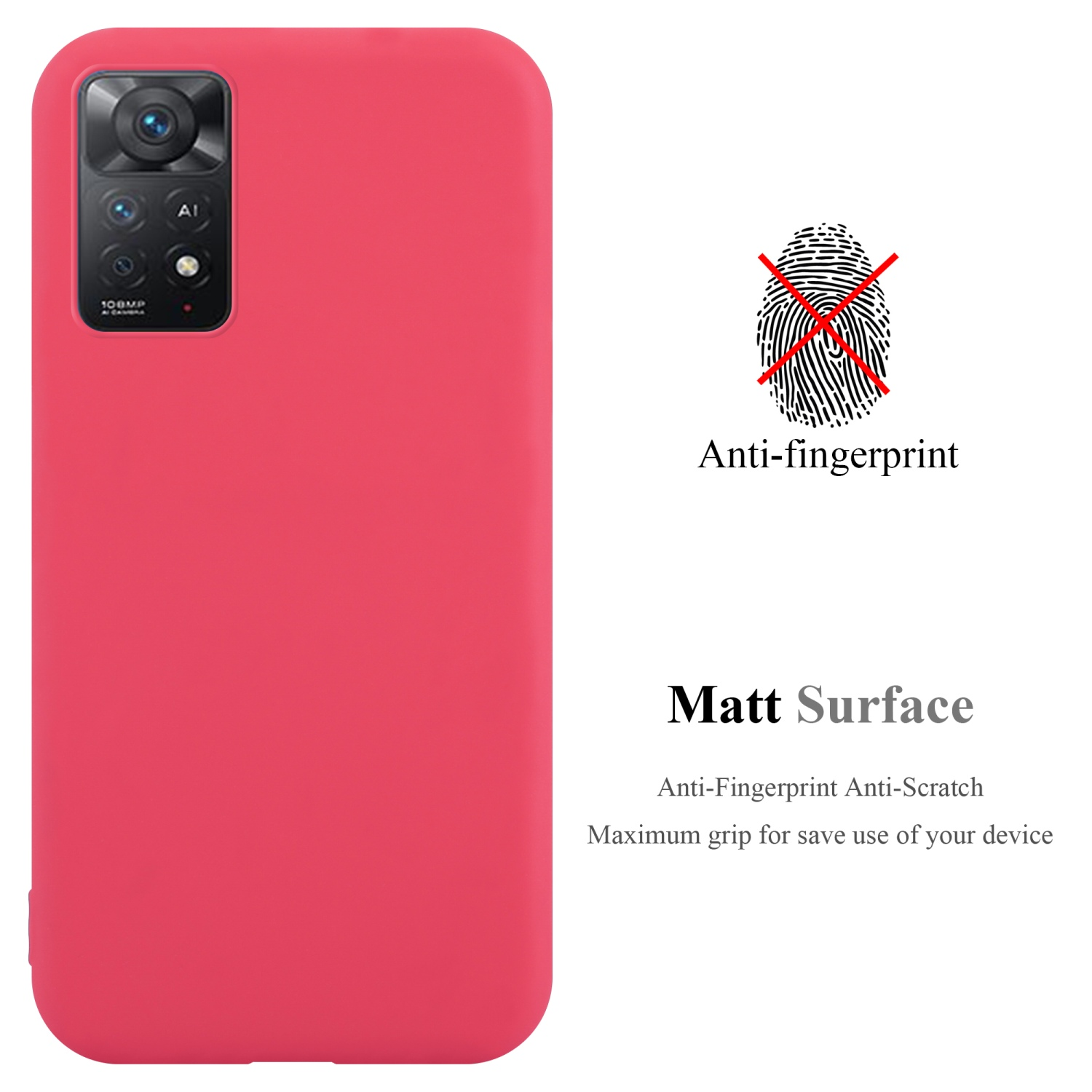 Eine rote Handyhülle mit Kamera. Anti-Fingerabdruck und matte Oberfläche werden beworben.