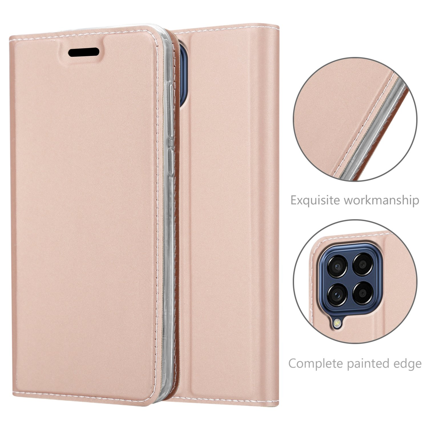 Custodia per telefono rosa con dettagli. Cuciture bianche e un dettaglio del telefono. Primo piano.