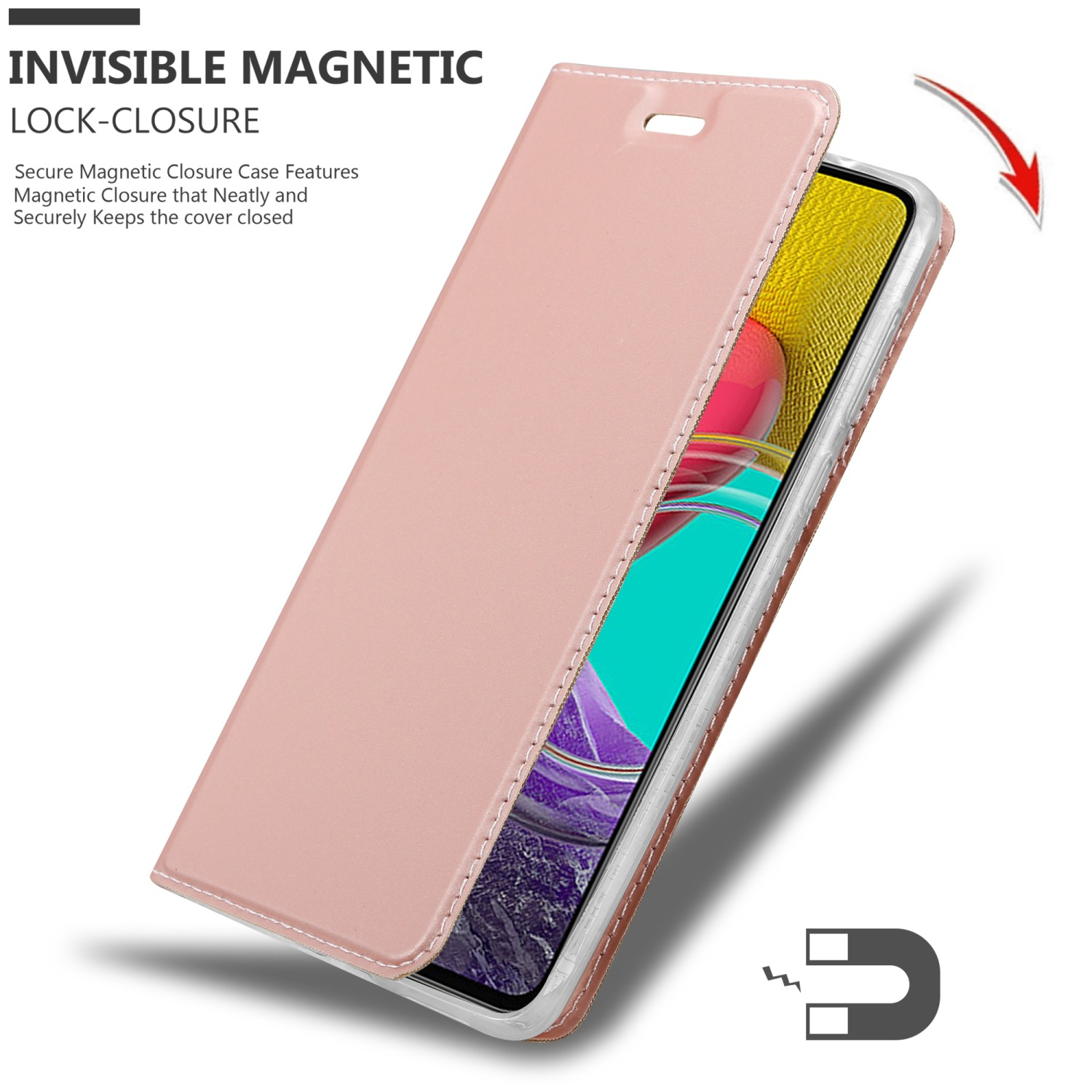 Una custodia rosa per telefono aperta, con chiusura magnetica, che mostra il telefono all'interno.