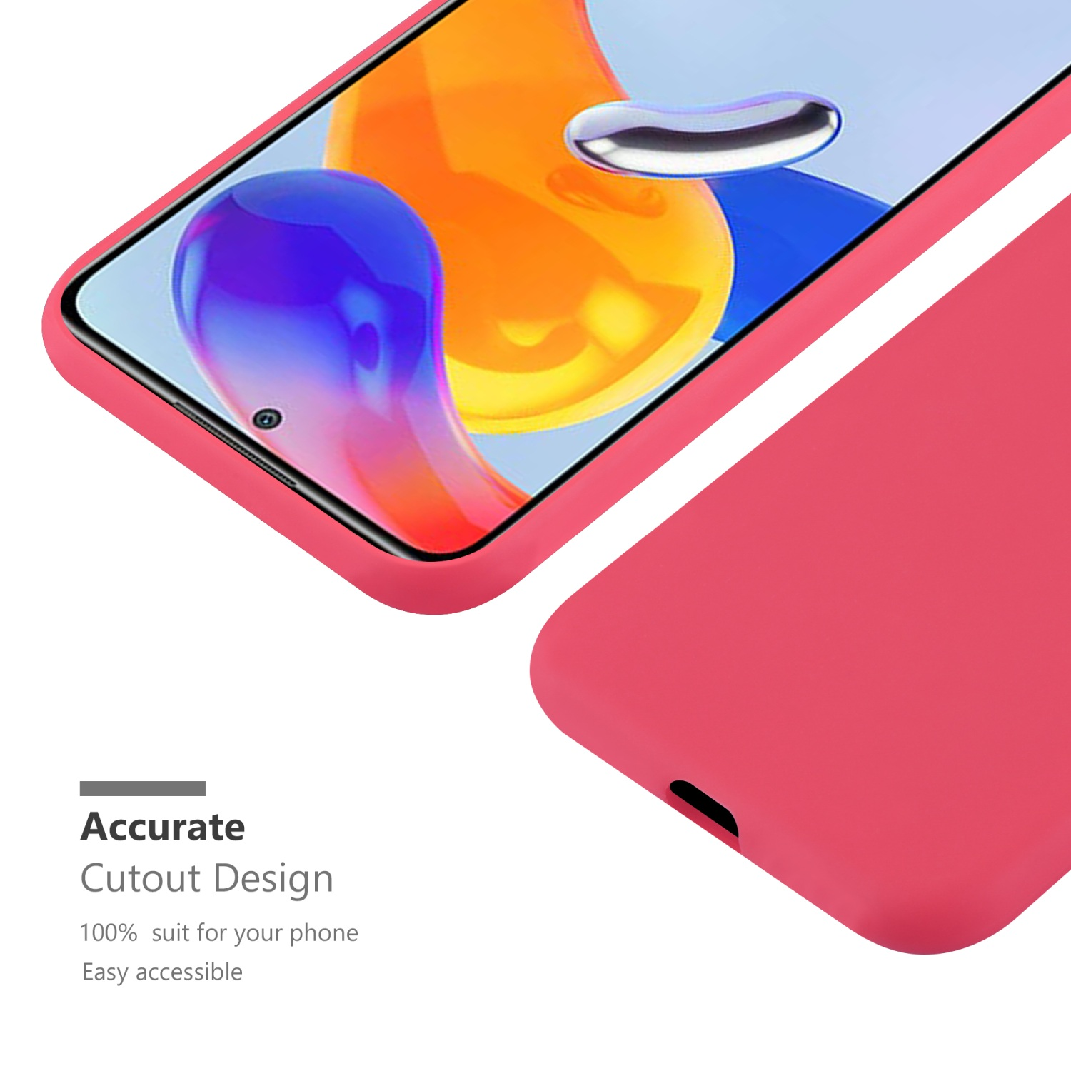 Nahaufnahme einer roten Handyhülle und eines Telefonbildschirms mit einem orange-gelben Bild.