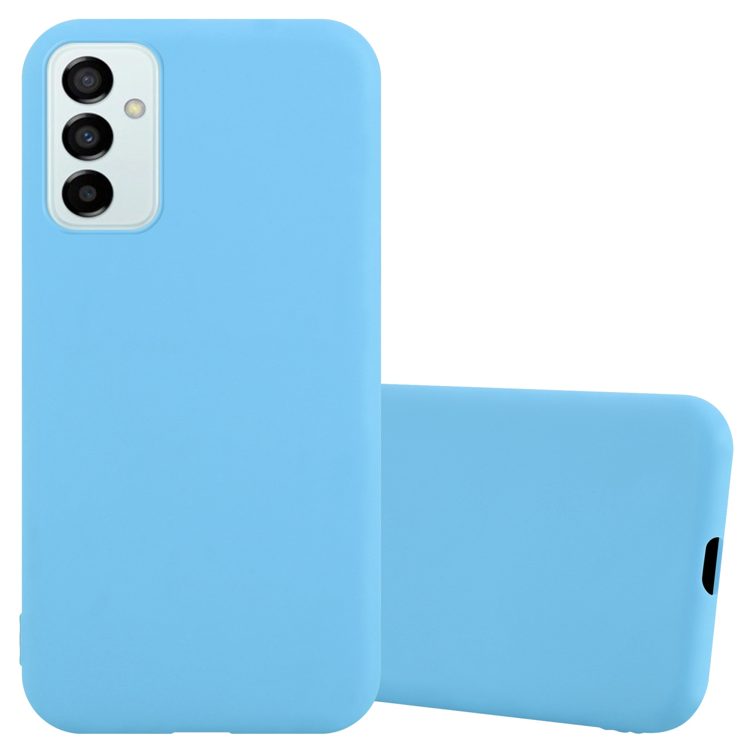Custodia azzurra con telefono azzurro. La custodia copre il telefono. Il telefono ha una fotocamera.