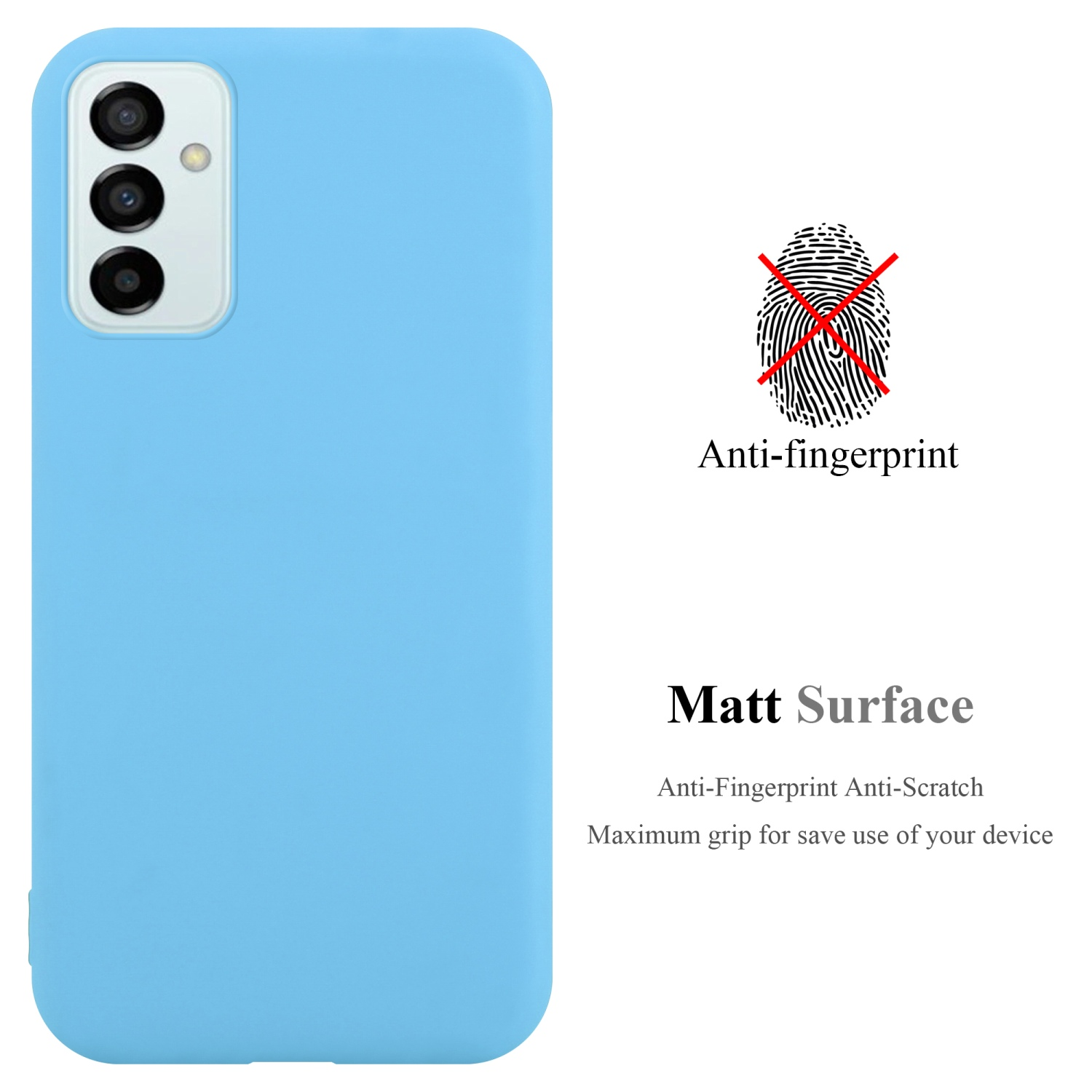 Una custodia per telefono azzurra. La custodia è blu. Il testo dice 'Anti-impronta, superficie opaca'. Nessuna impronta digitale è visibile.
