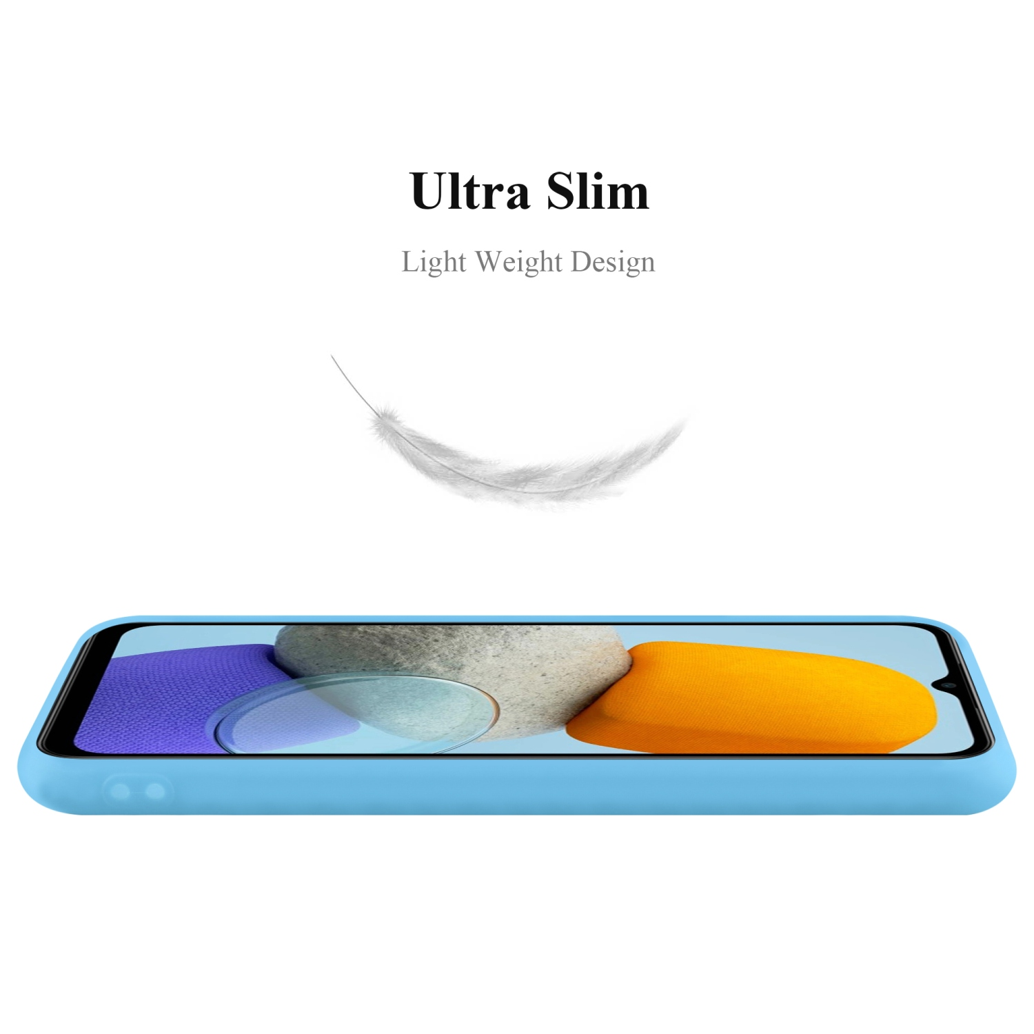 Una custodia per telefono azzurra. La custodia del telefono è piatta. C'è una piuma in alto.