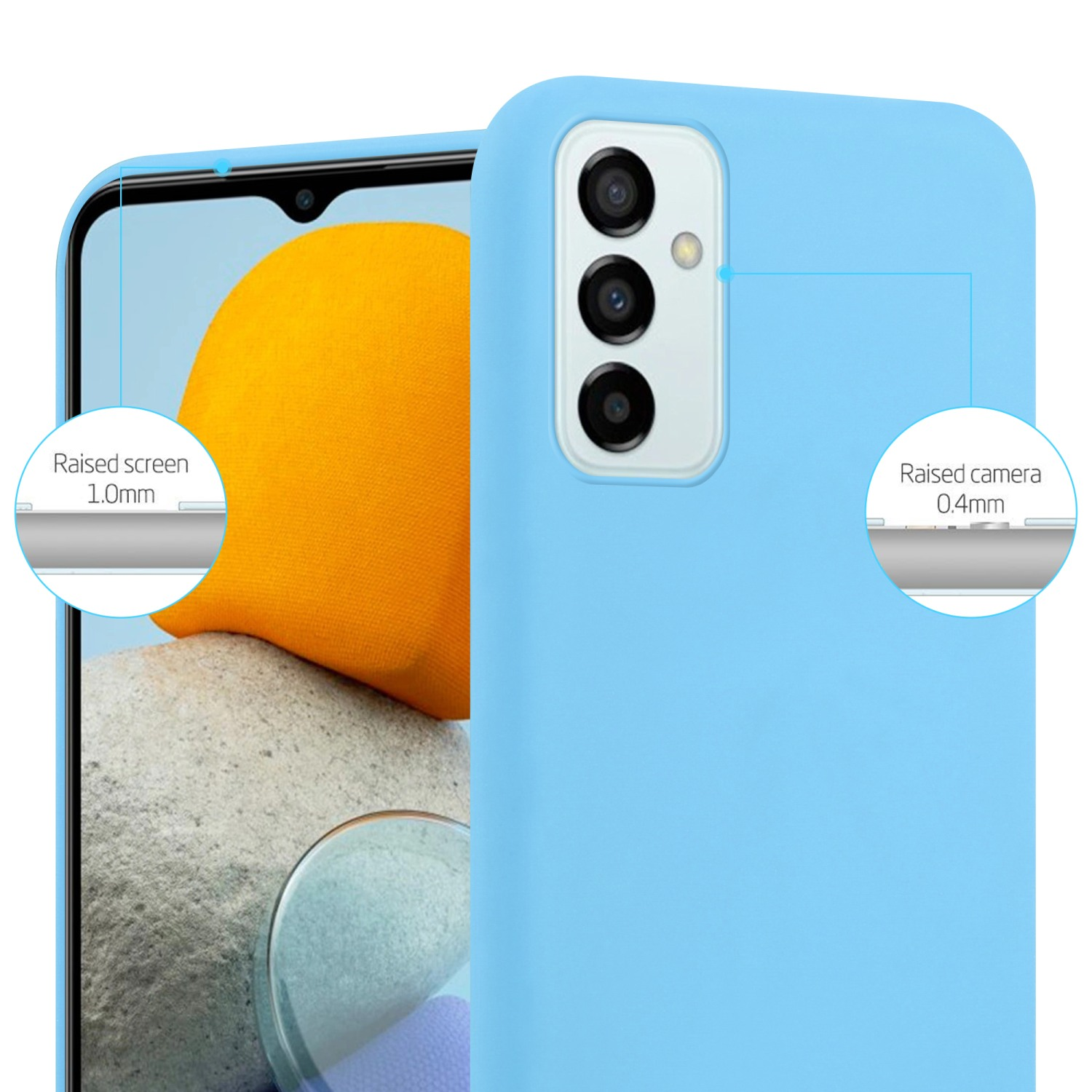 Una custodia blu per telefono con schermo e fotocamera rialzati. Ci sono due cerchi, entrambi con dettagli della custodia.