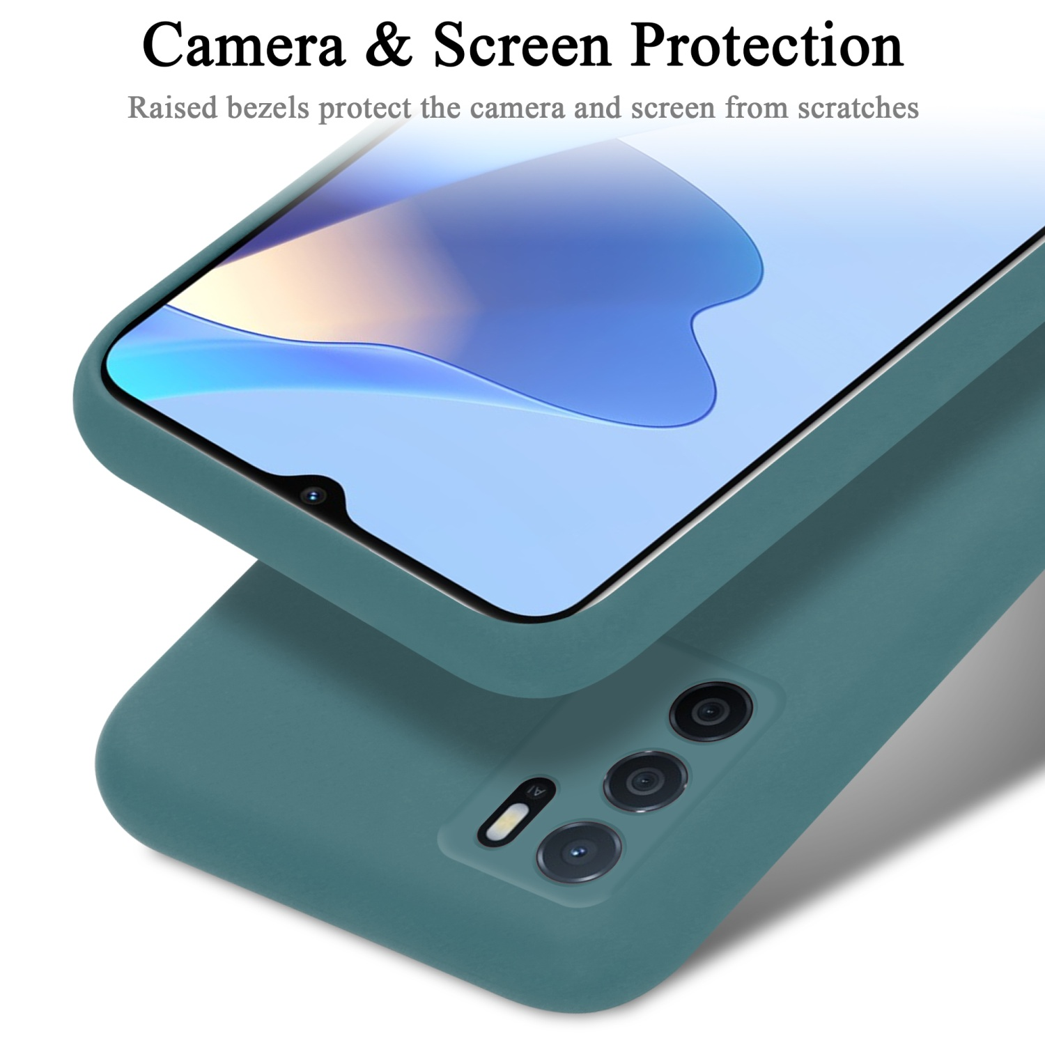 Custodia per telefono verde con un telefono all'interno. La custodia protegge la fotocamera e lo schermo.