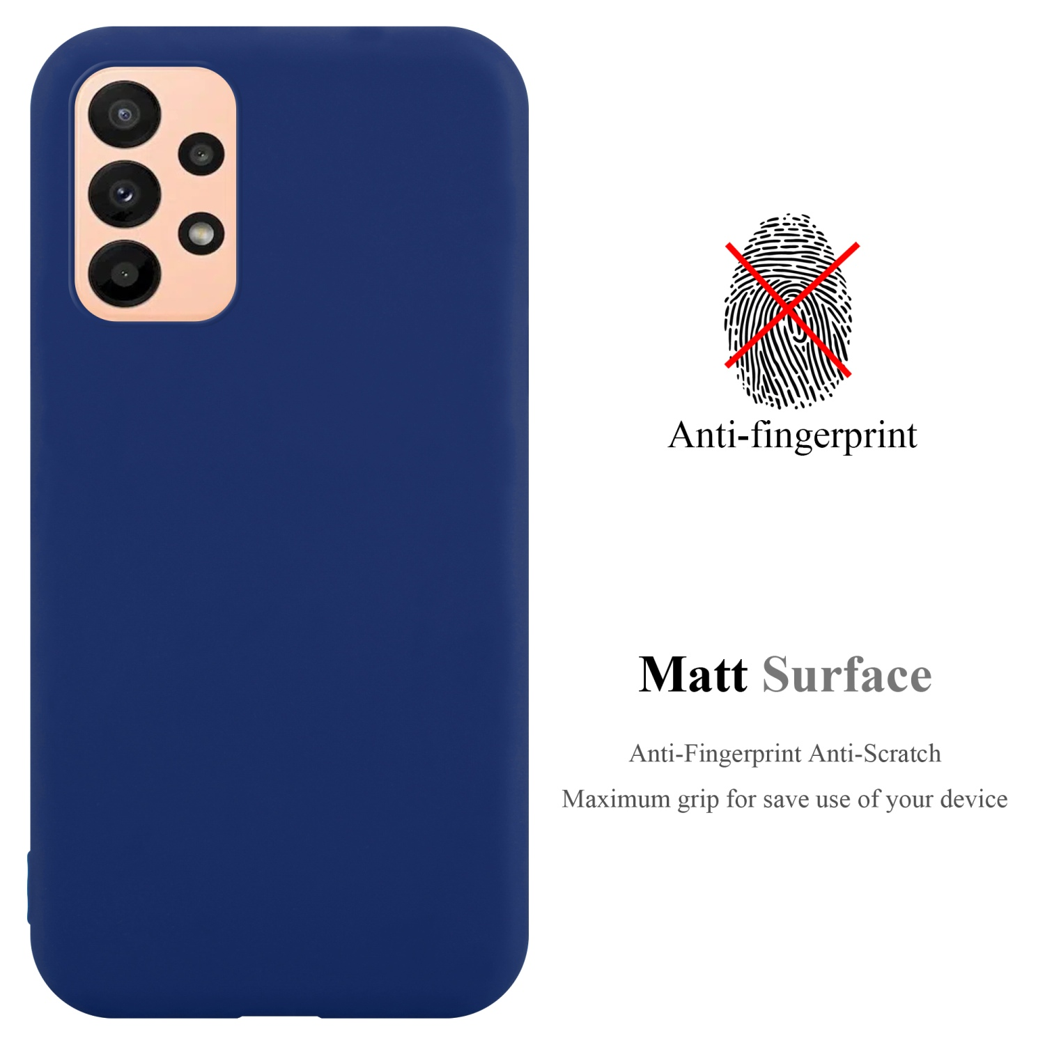 Custodia per telefono blu navy con più fotocamere e un'icona di impronta digitale con una croce rossa.