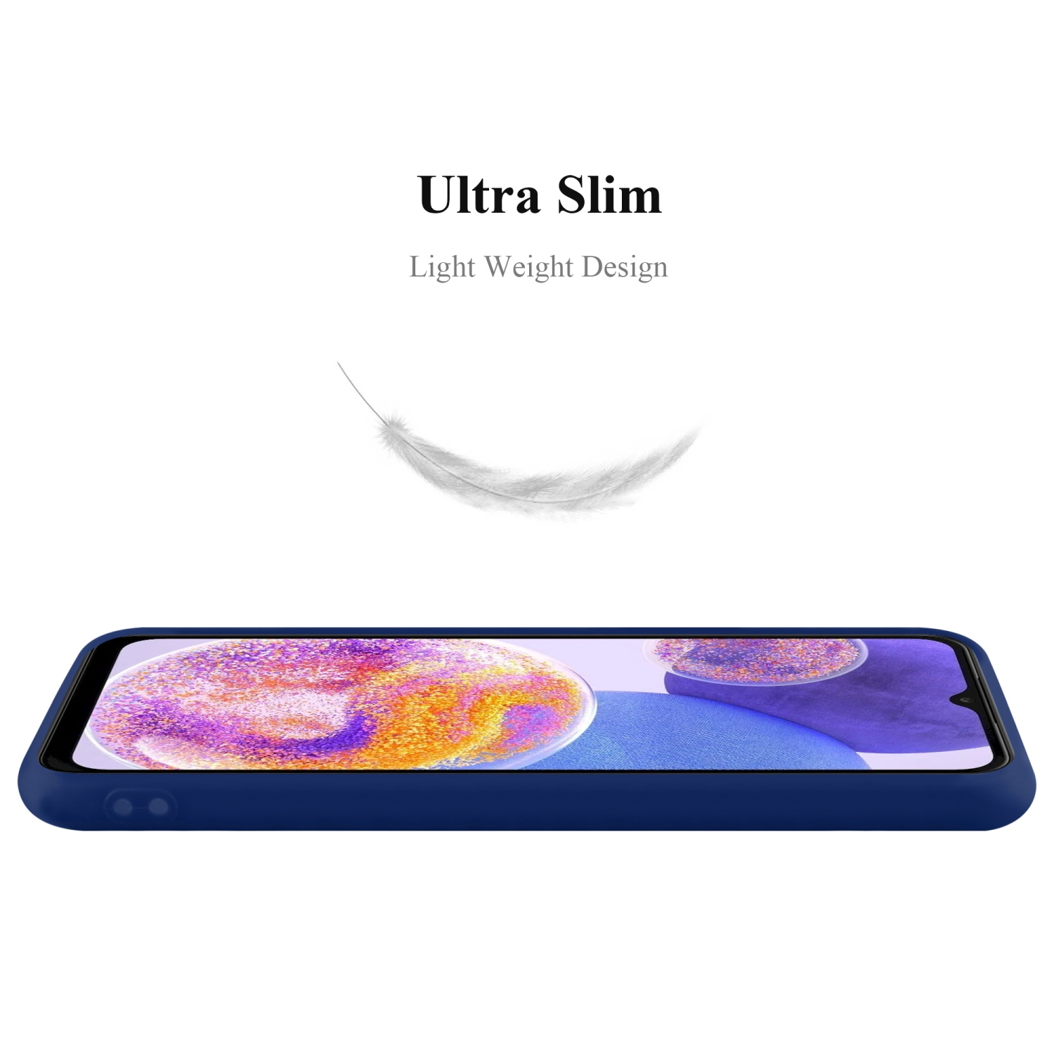 Custodia blu per telefono, piuma leggera che fluttua sopra. La custodia è mostrata orizzontalmente. Sfondo bianco.
