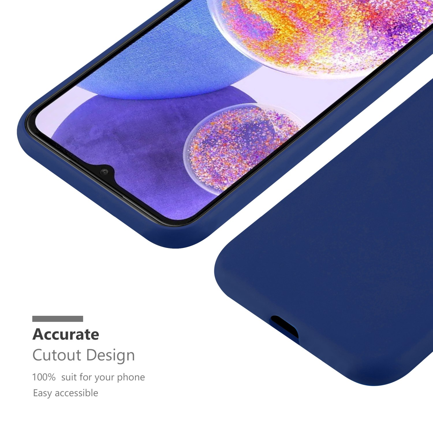 Custodia blu per telefono con telefono, che mostra parte dello schermo.