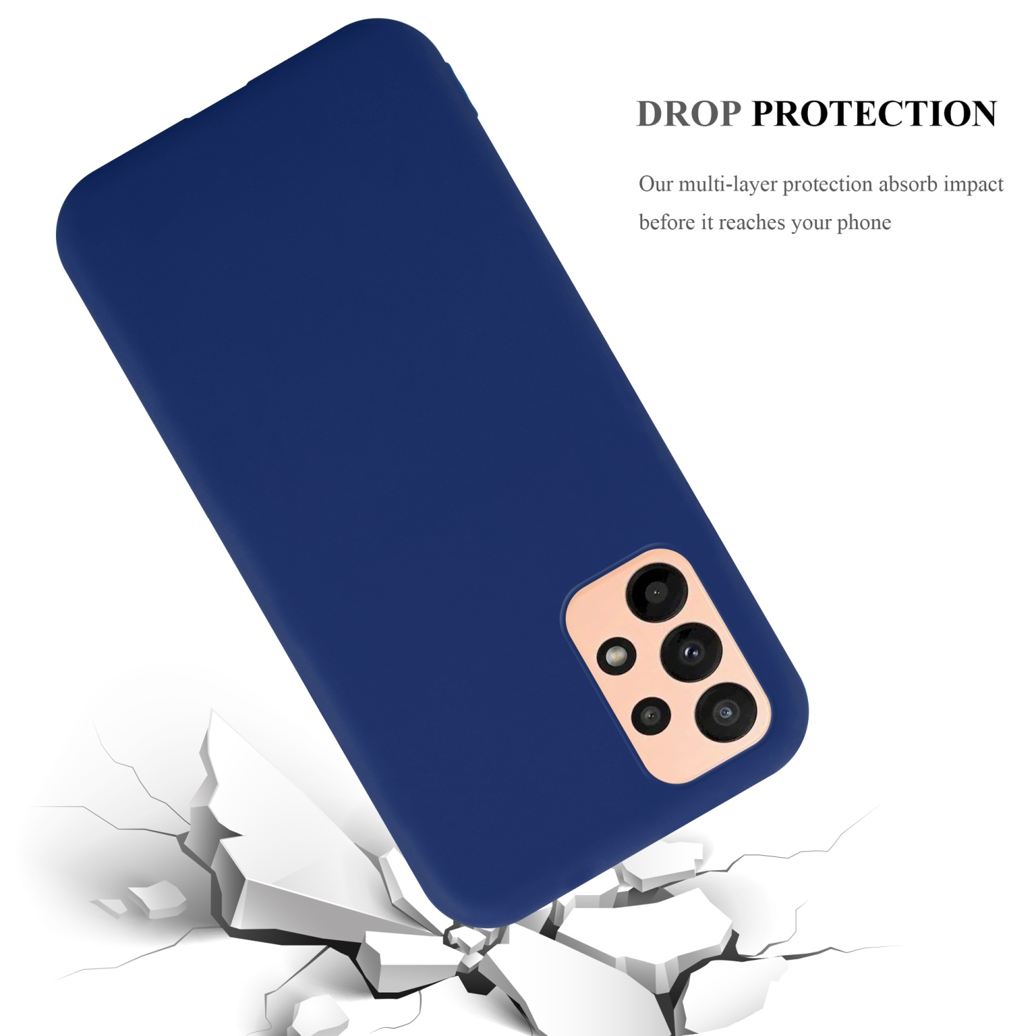 Custodia blu inclinata, lato anteriore in su, terreno crepato sotto. Il testo recita 'Drop Protection'.