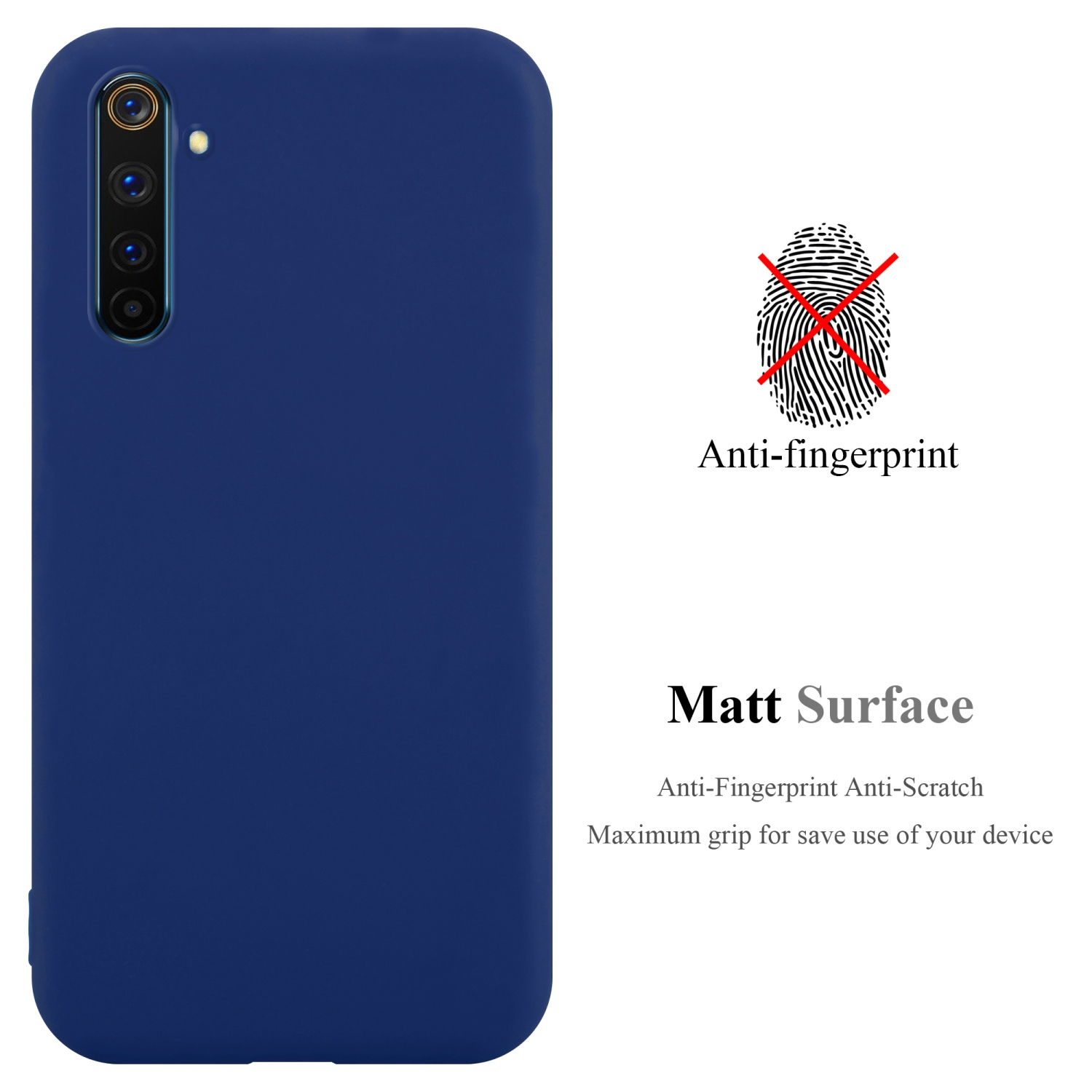Una custodia per telefono blu scuro con funzione anti-impronta. Un'impronta digitale è barrata.