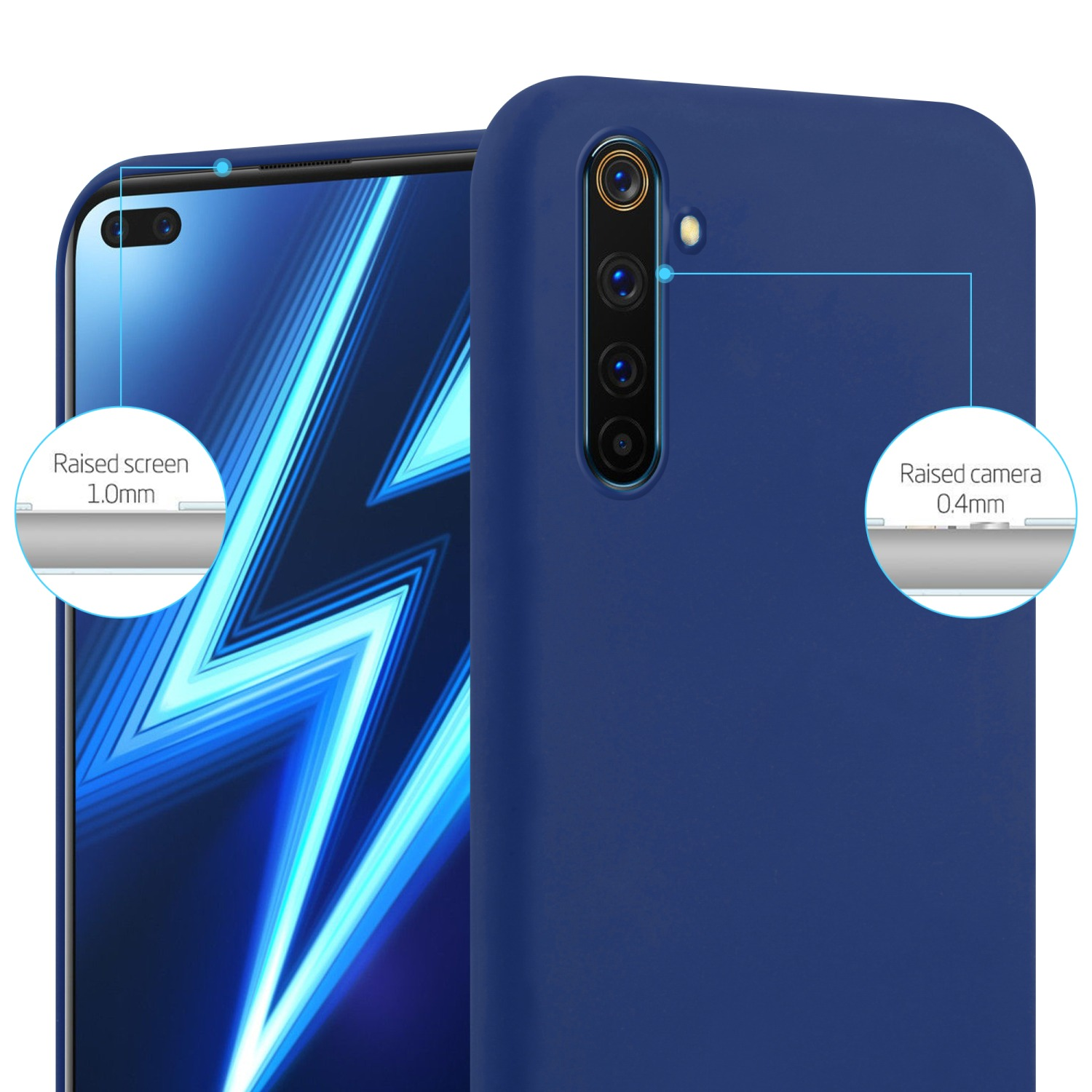 Custodia blu con telefono dentro. Annotazioni: Protezione schermo e fotocamera rialzata, schermo 1,0mm, fotocamera 0,4mm.