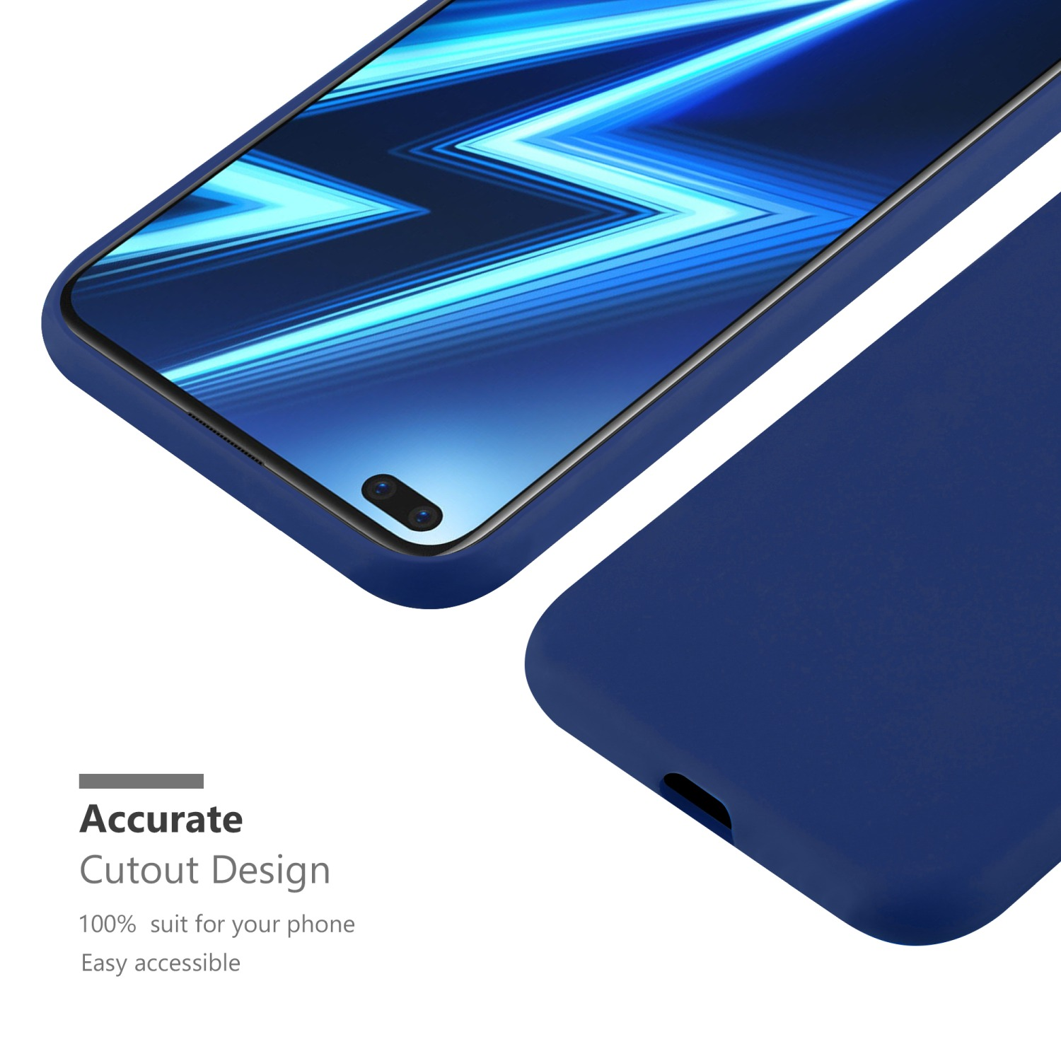 Primo piano di una custodia per telefono. Il telefono è blu. La custodia è anch'essa blu. Mostra ritagli precisi.