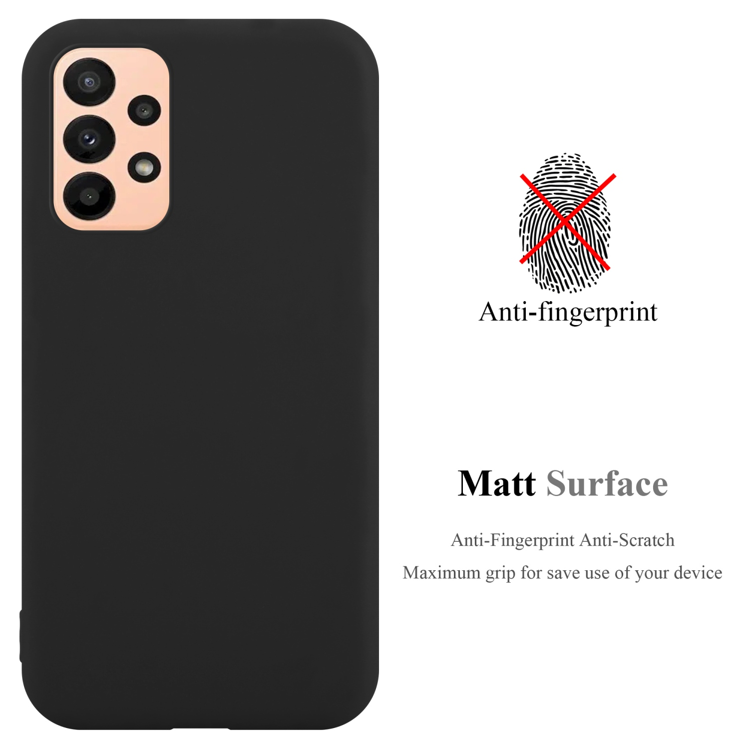 Custodia per telefono nera, vista posteriore, con un simbolo di impronta digitale e un testo che dice, anti-impronte.