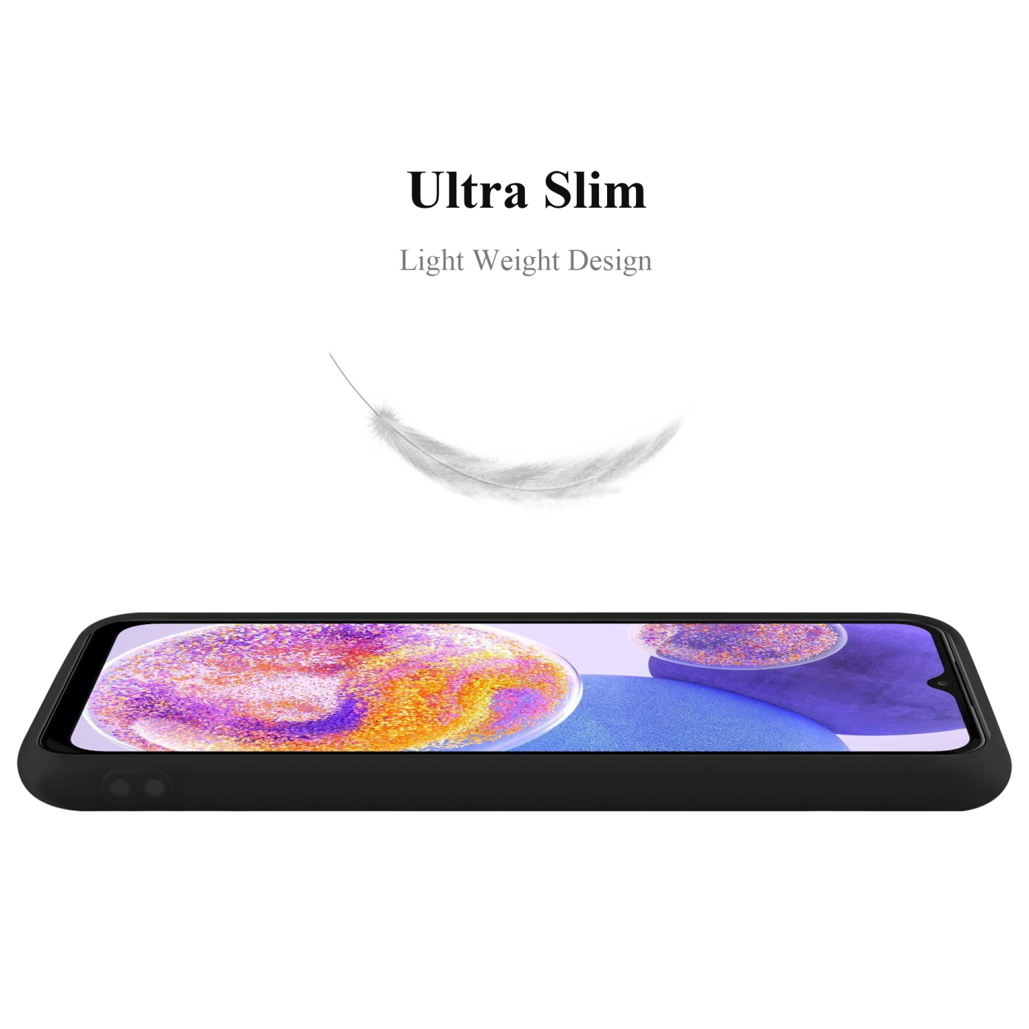 Custodia per telefono nera. Una piuma bianca fluttua sopra. Testo: Ultra Slim, Light Weight Design.