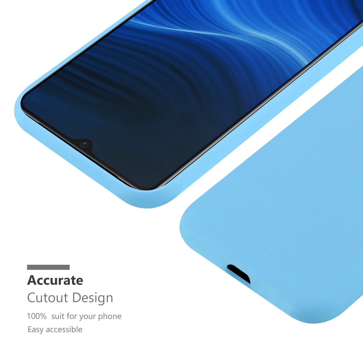 Custodia per telefono azzurra. Il telefono è nella custodia. Testo: 'Accurate Cutout Design'.