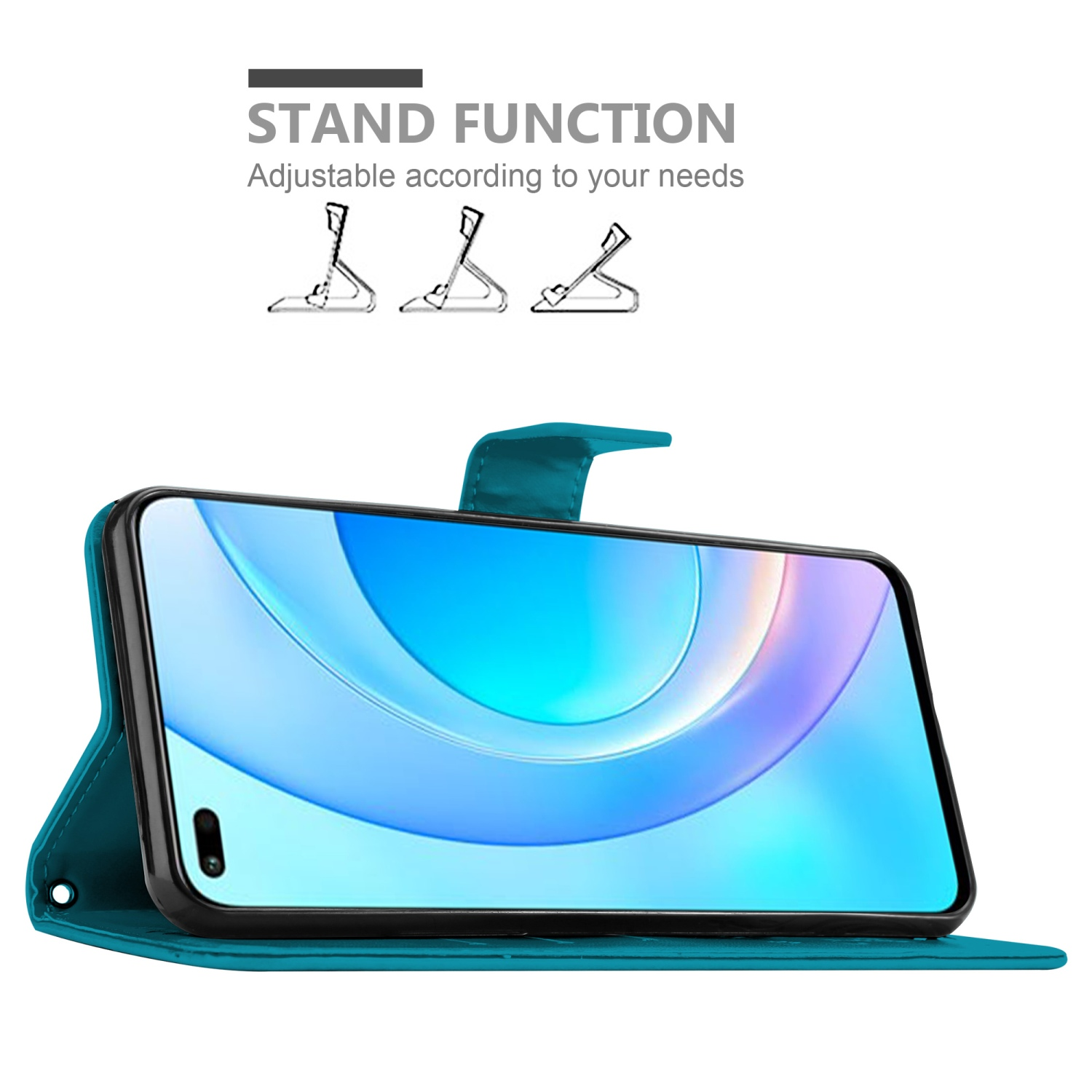 Custodia per telefono verde acqua con funzione stand. Schermo visibile, custodia aperta.