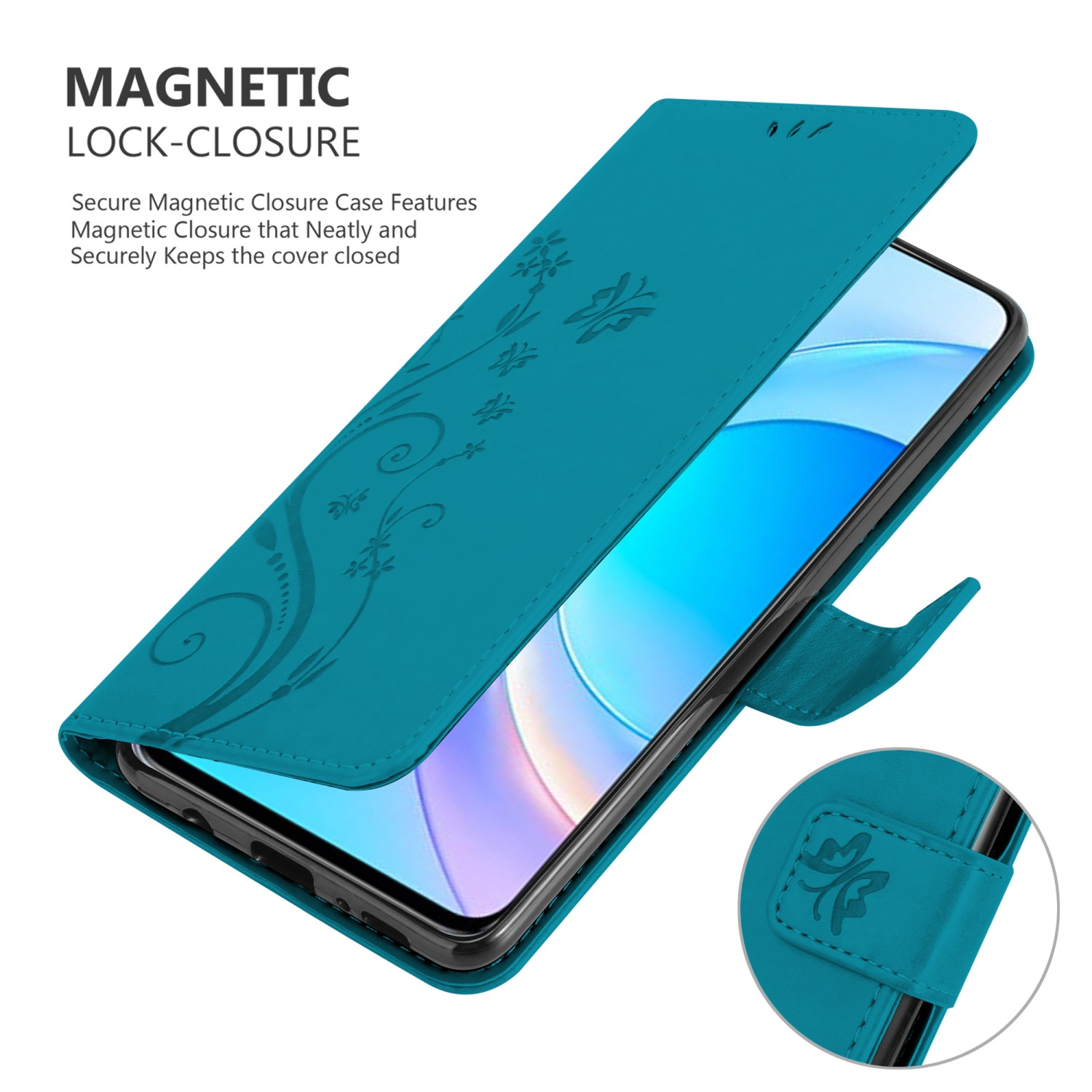 Custodia turchese con design floreale, aperta per rivelare un telefono. Chiusura magnetica.