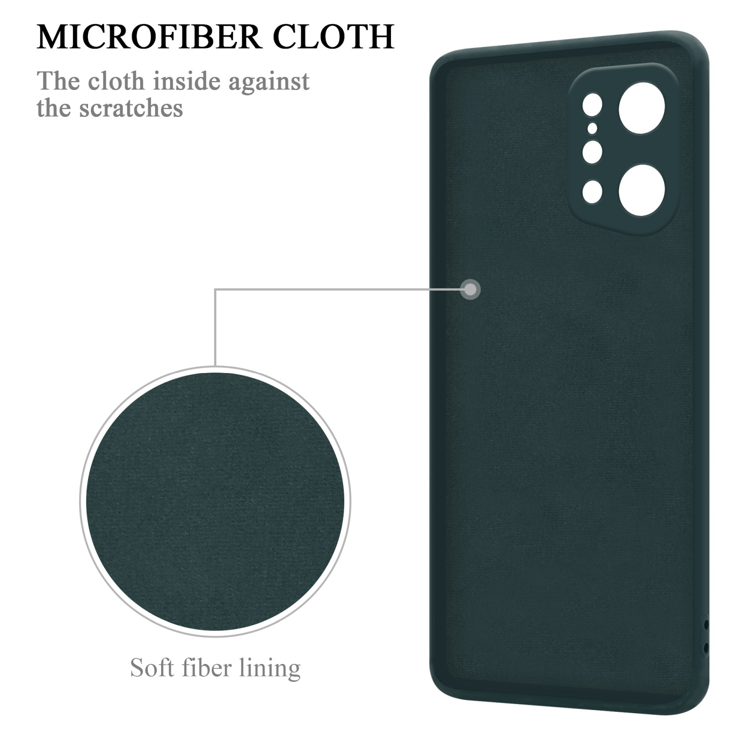 Funda verde oscuro con paño de microfibra dentro, mostrando forro suave y área de la cámara.