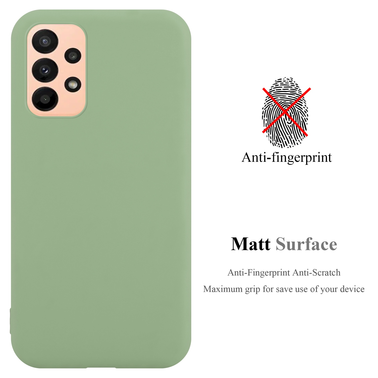 Custodia per telefono verde. Il telefono è a sinistra. Il testo dice 'Matt Surface'.