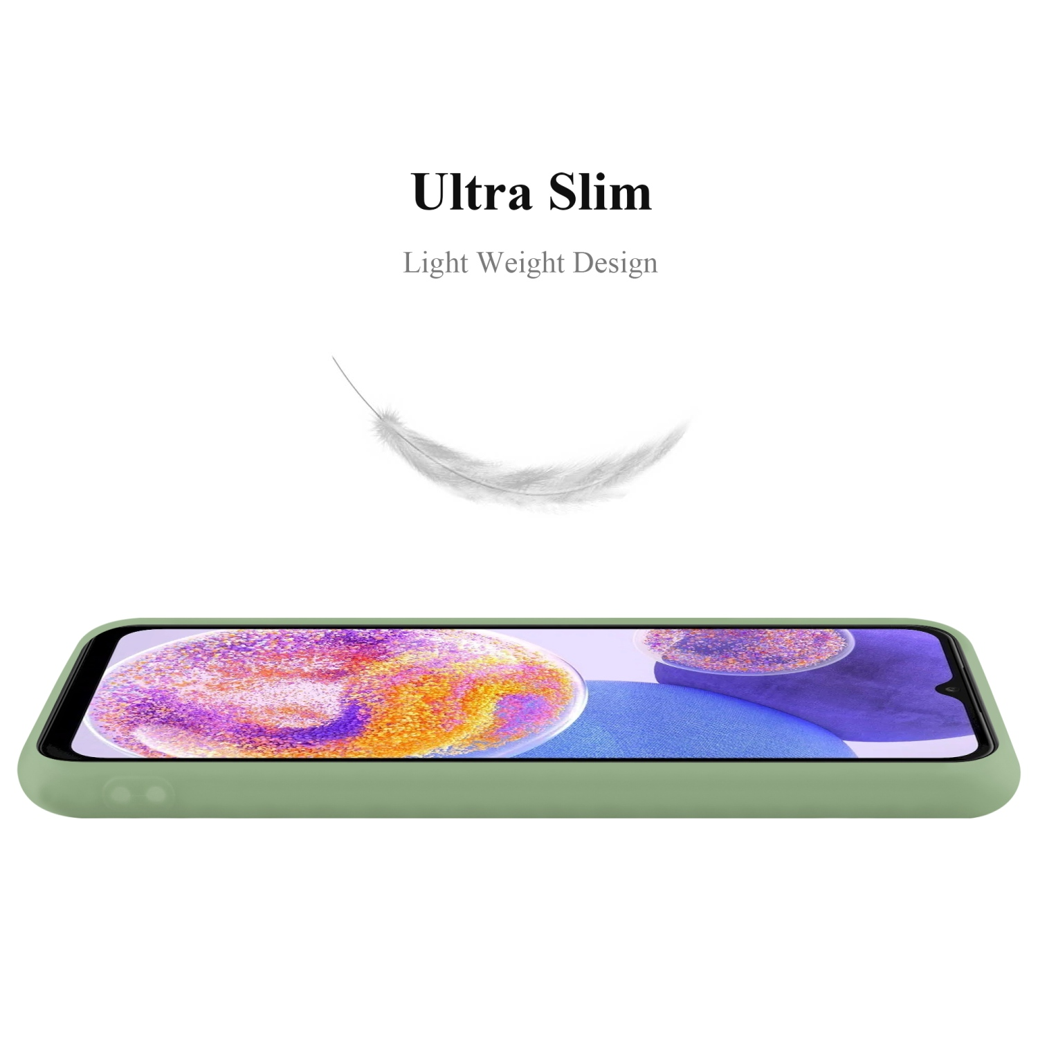 Una custodia verde per telefono. Una piuma fluttua sopra. Testo: 'Ultra Slim', 'Light Weight Design'.