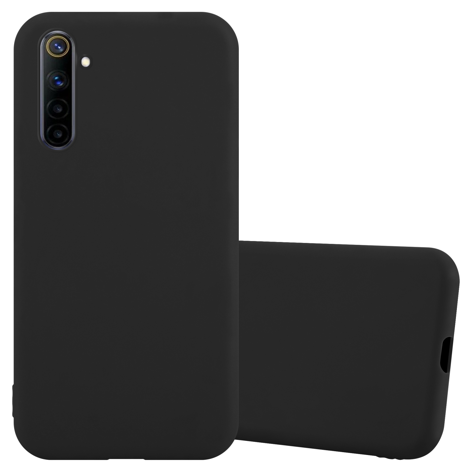 Schwarze Handyhülle, zwei Telefone, Rückseite mit Kamera, schlichtes Design.