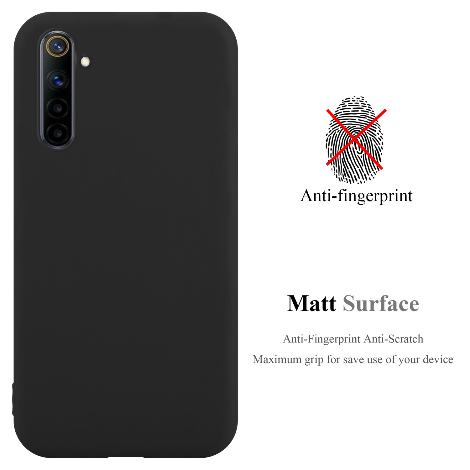 Schwarze Handyhülle. Text: Anti-Fingerabdruck, matte Oberfläche, maximaler Grip. Zeichnung: Roter Fingerabdruck.