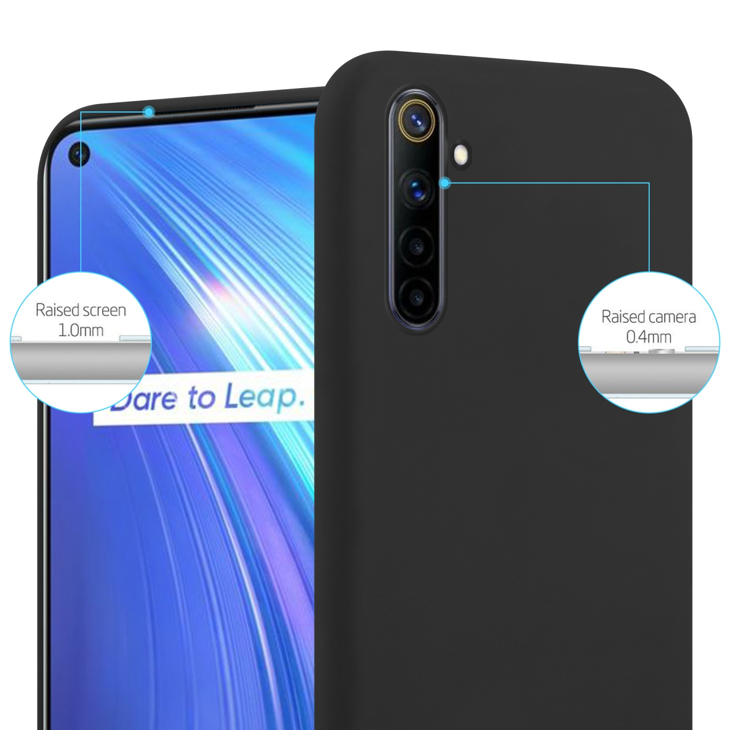 Schwarze Handyhülle mit Telefon sichtbar. Text: Erhöhter Bildschirm 1,0 mm, Erhöhte Kamera 0,4 mm.
