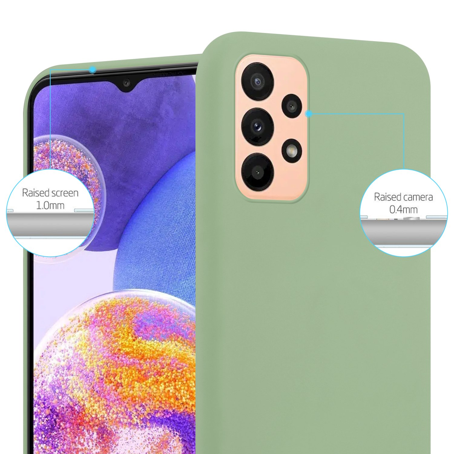 Custodia per telefono verde chiaro con ritagli per fotocamera. Lo schermo ha un ritaglio per fotocamera a forma di goccia. Schermo e fotocamera rialzati.