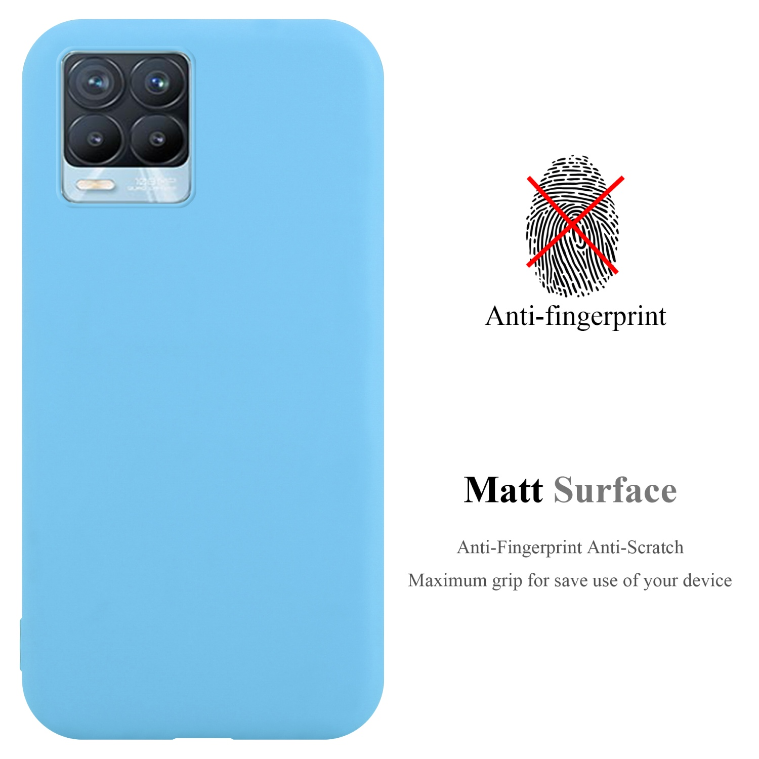 Hellblaue Handyhülle. Anti-Fingerabdruck und matte Oberfläche Text wird angezeigt. Weißer Hintergrund.