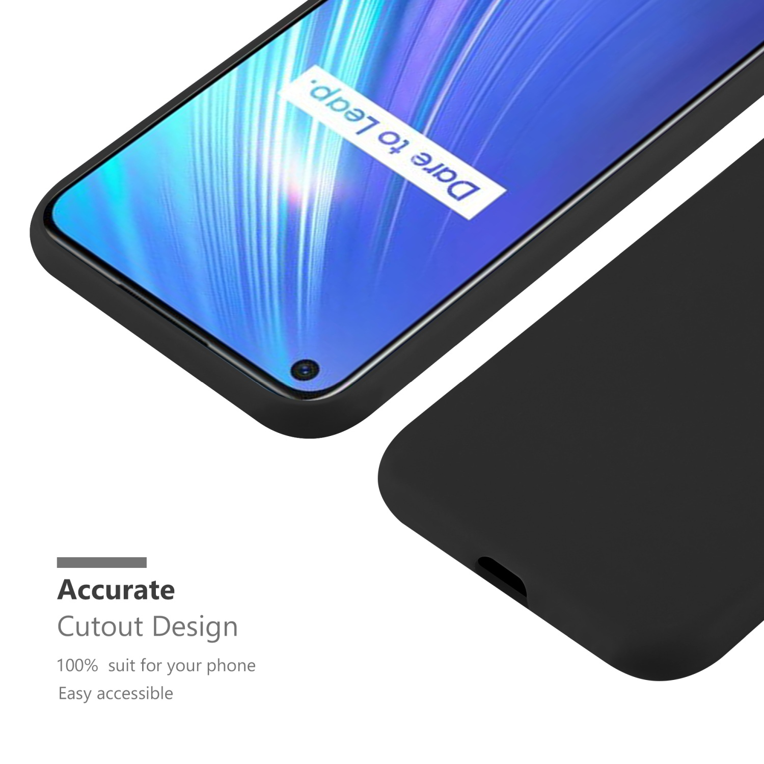 Eine Handyhülle mit einem Telefon, das den Bildschirm zeigt, und einem Ausschnitt in Schwarz.