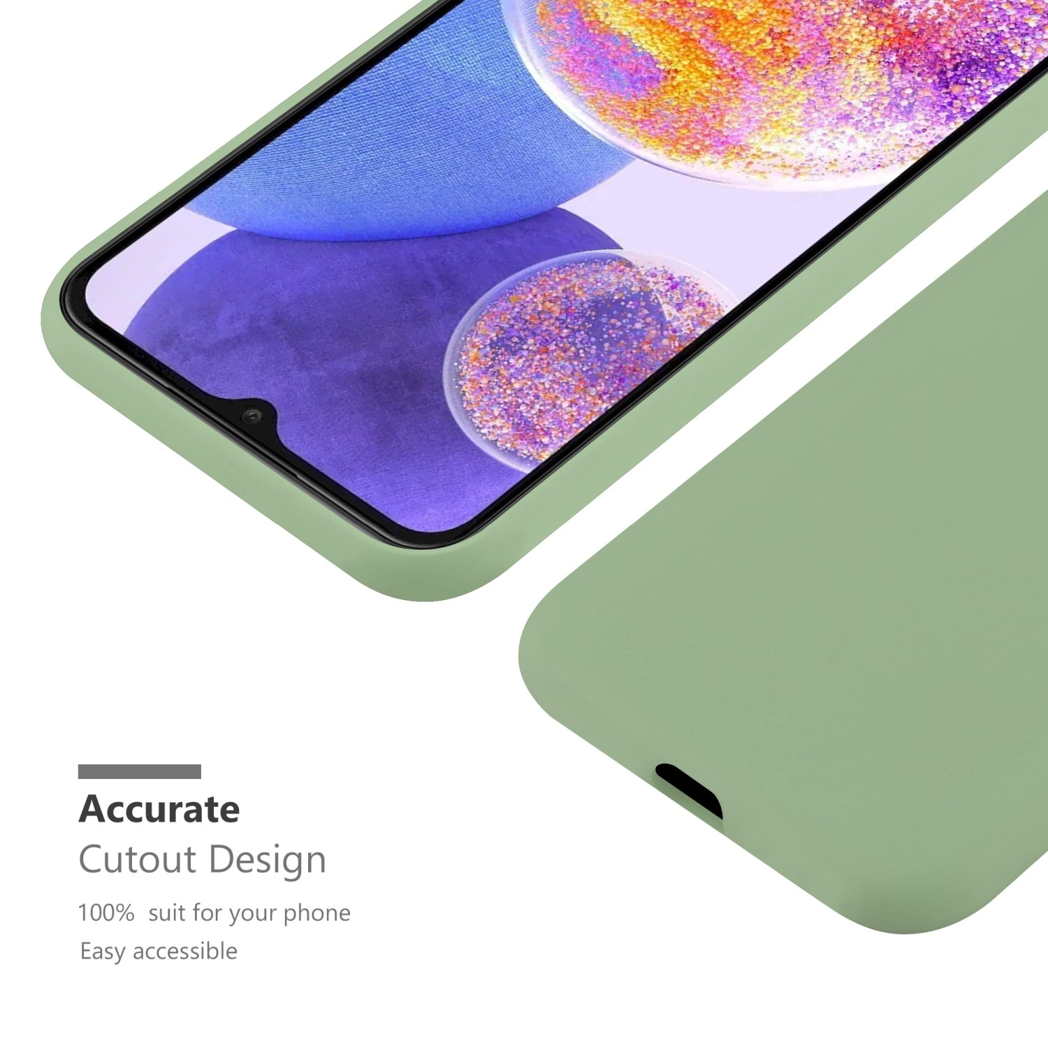 Una custodia per telefono verde con un telefono all'interno. Il testo recita: Design ritaglio accurato.