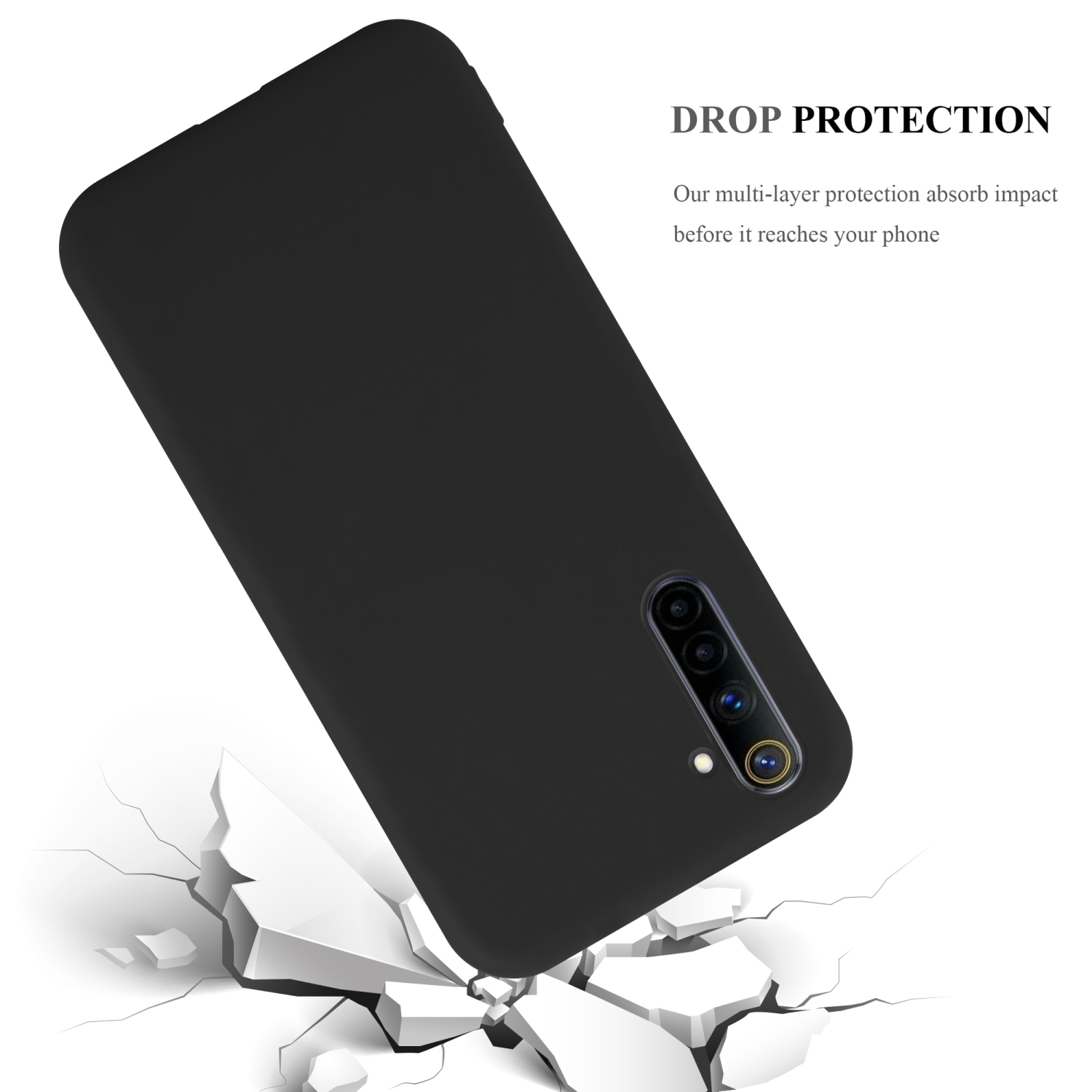 Eine schwarze Handyhülle fällt auf eine Oberfläche und zersplittert diese, mit den Worten „Drop Protection“ darüber.