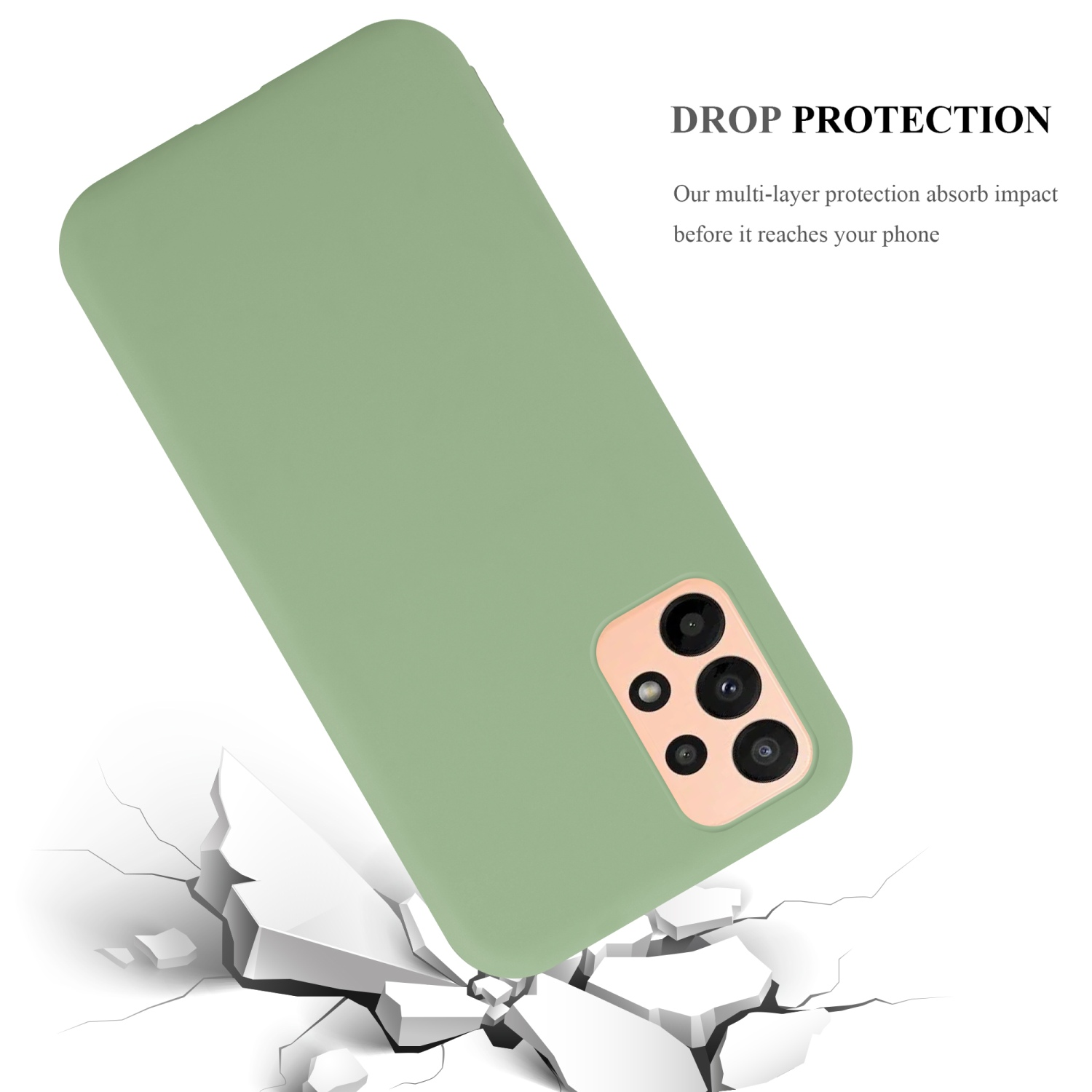 Custodia per telefono verde con un telefono all'interno. La custodia protegge il telefono dagli urti. Terreno rotto.