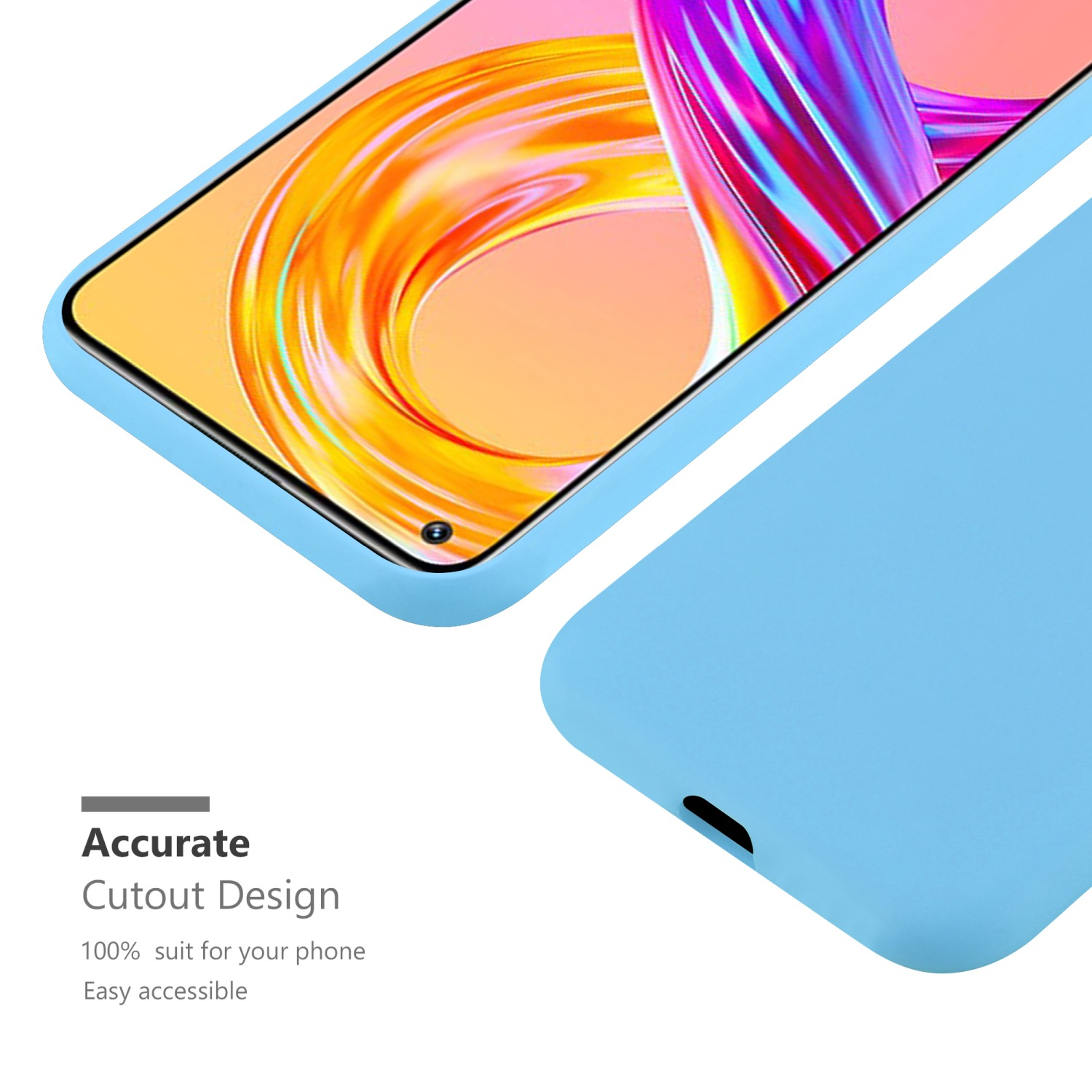 Blaue Handyhülle, Nahaufnahme des Telefons. Hülle ist blau, Telefon sichtbar. Text lautet Accurate Cutout Design.