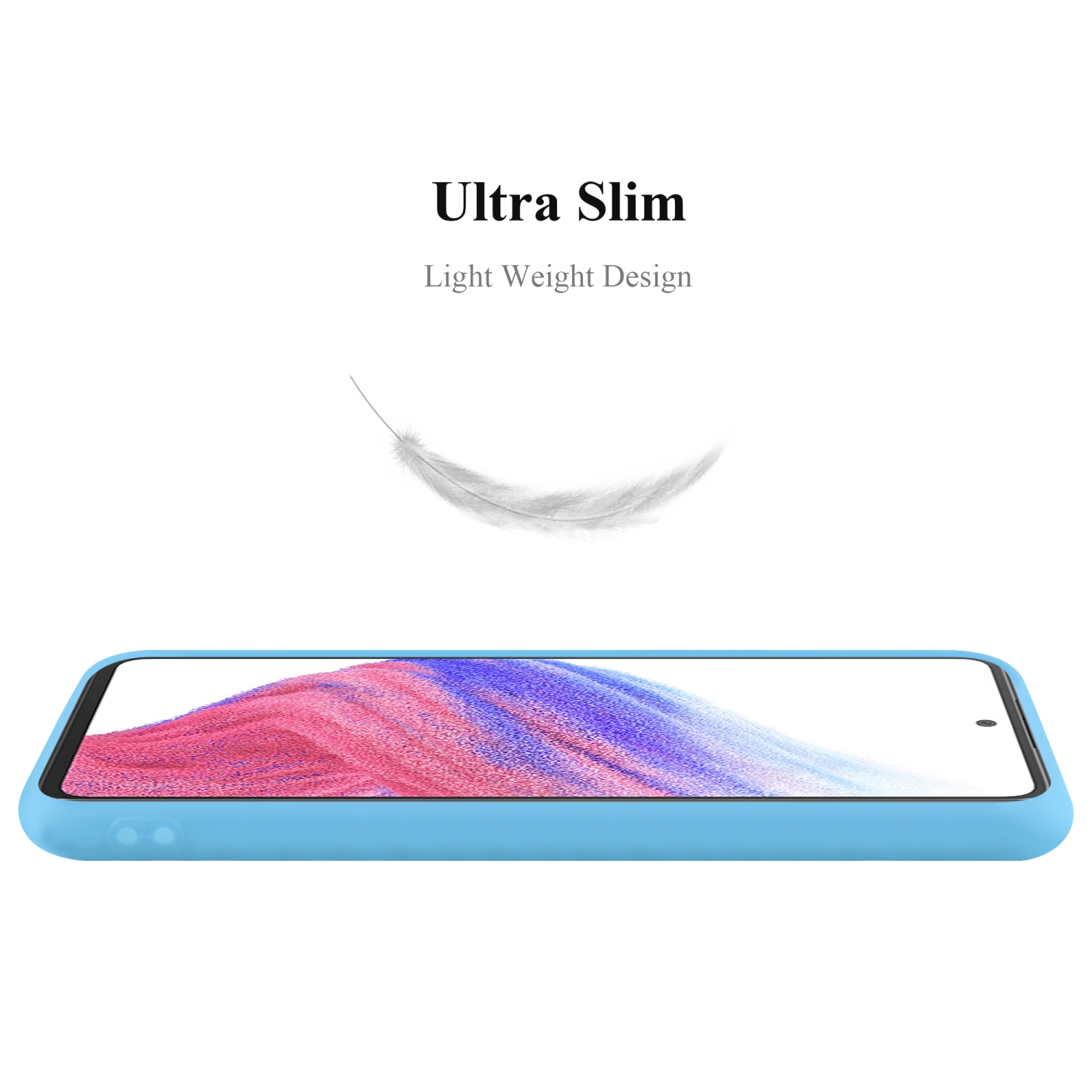 Custodia per telefono blu e una piuma che fluttua sopra. La custodia è leggera.