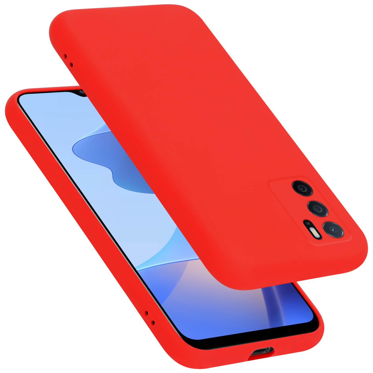 Rote Handyhülle mit Telefon. Eine zweite Hülle schwebt darüber. Weißer Hintergrund.