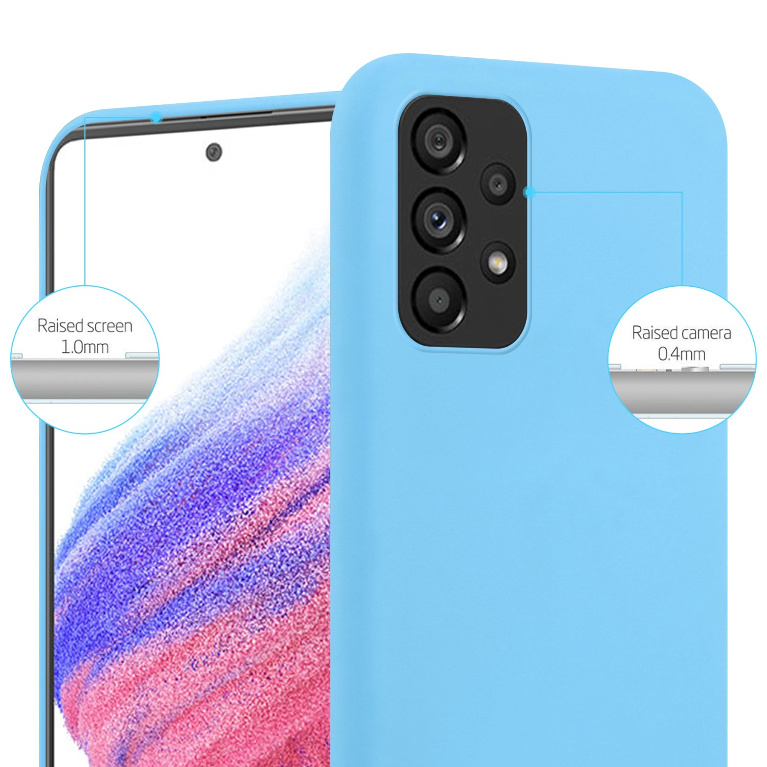 Custodia blu chiaro per telefono con telefono. Il testo descrive schermo e fotocamera rialzati.