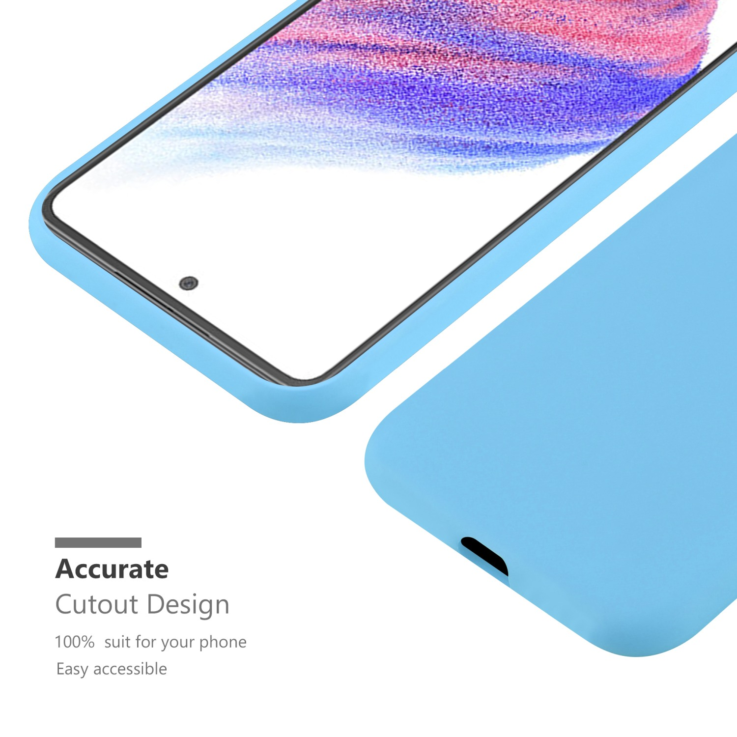Custodia per telefono azzurra con telefono all'interno, che mostra lo schermo. Il testo dice Accurate Cutout Design.