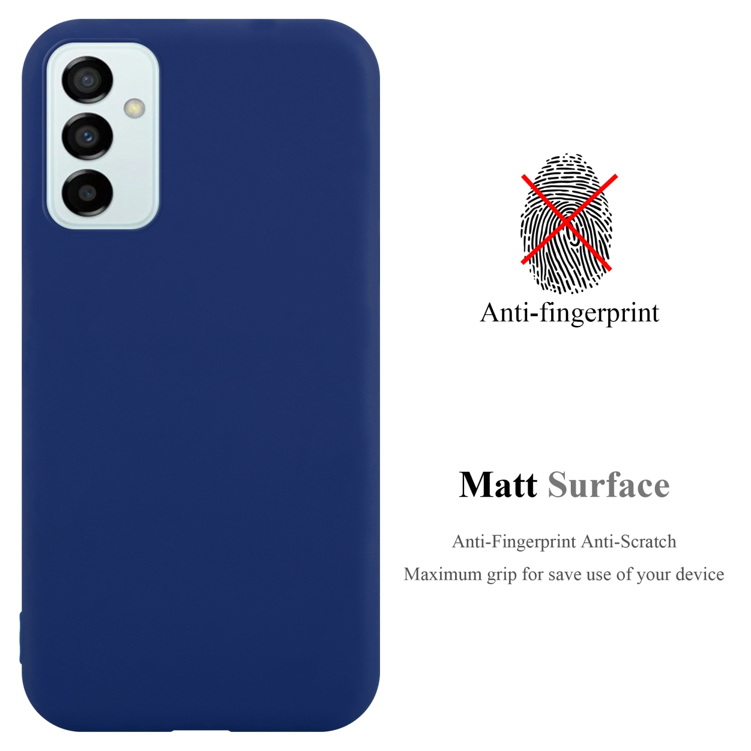 Custodia blu scuro con design anti-impronta. La custodia è una superficie opaca.