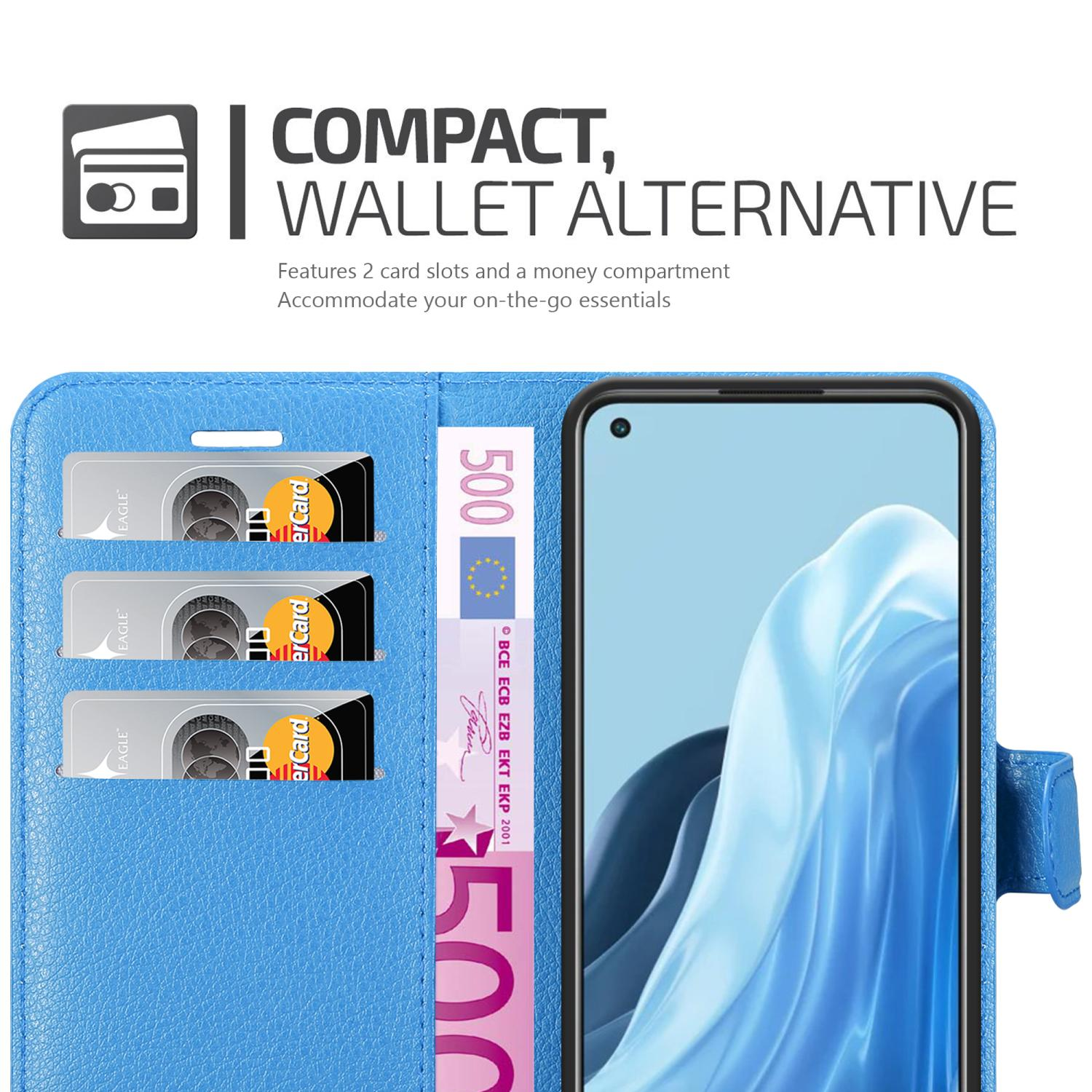 Funda de teléfono azul abierta, tarjetas y dinero visibles. Texto 'COMPACTO, ALTERNATIVA A LA CARTERA'.