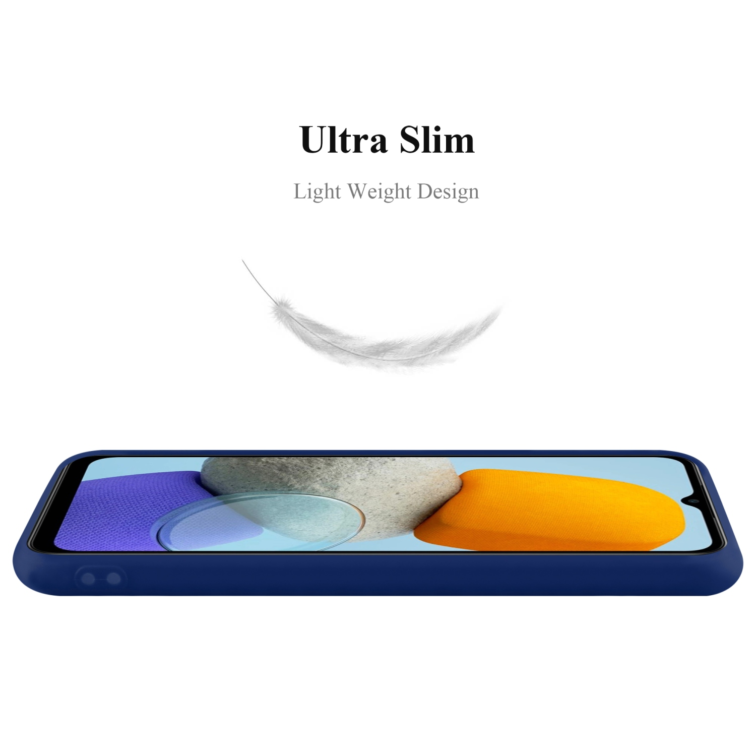 Custodia blu con piuma e immagine astratta colorata sullo sfondo.