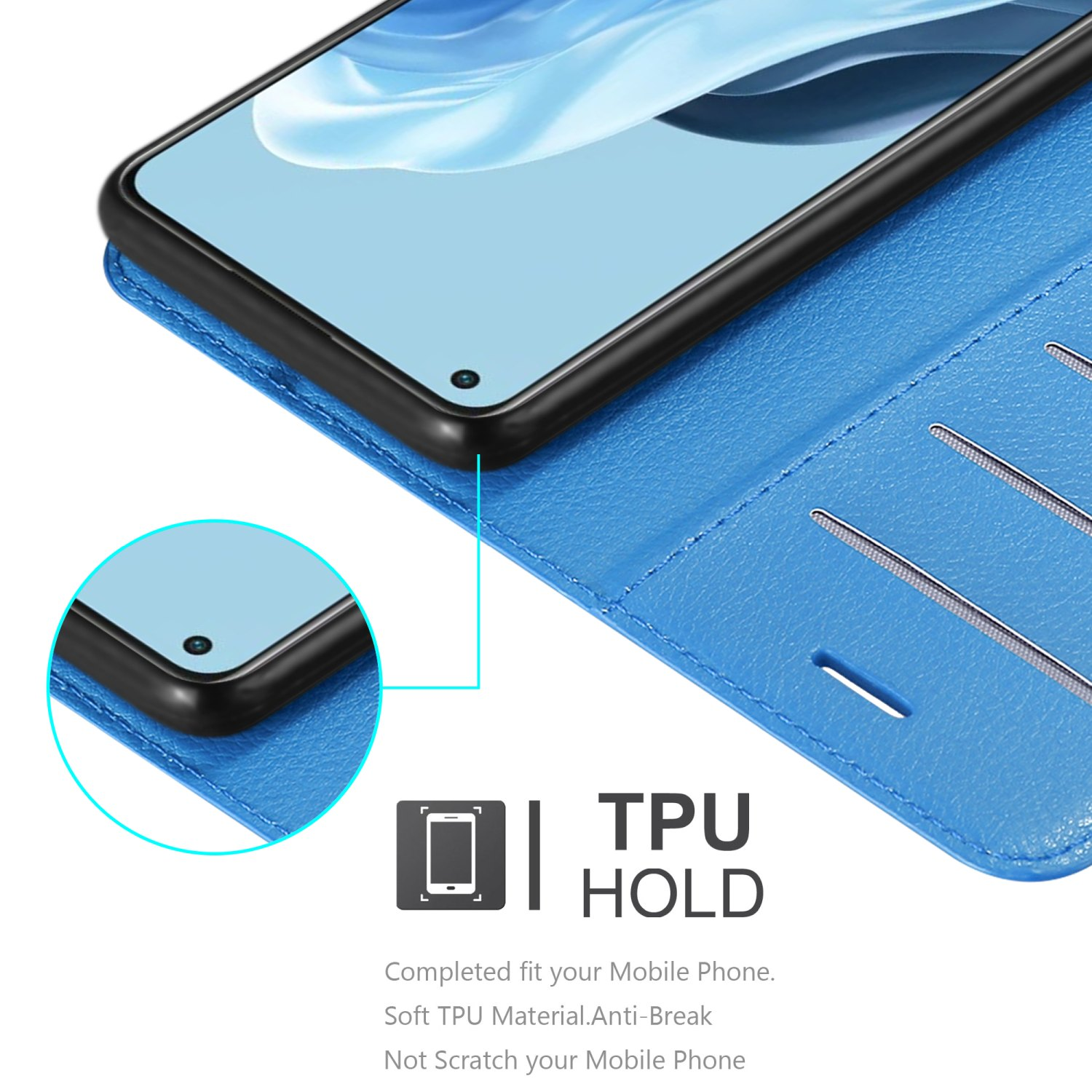 Un smartphone en una funda azul. Un teléfono negro está delante de una funda azul. Texto: TPU HOLD.