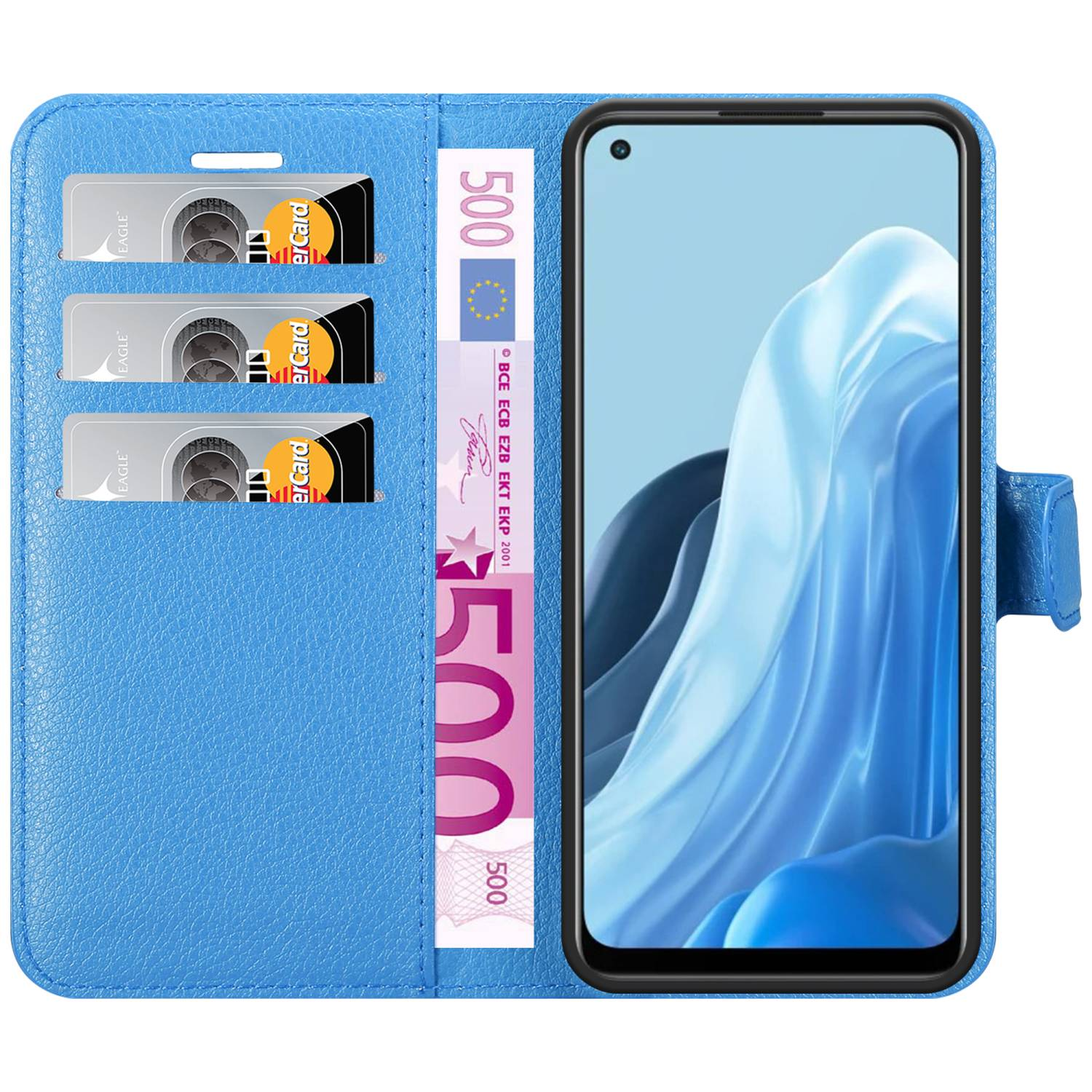 Funda de teléfono azul, abierta, con teléfono. Con ranuras para tarjetas y billete de 500 euros. Diseño de onda.