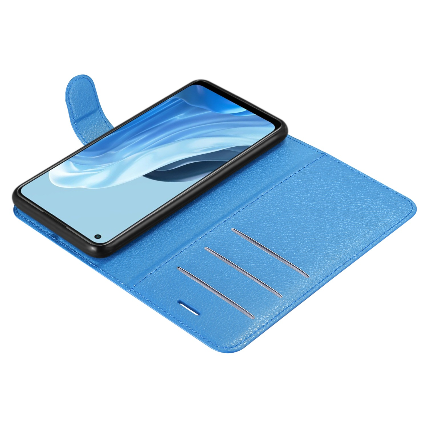 Funda de teléfono azul con teléfono dentro. La funda está abierta, mostrando el teléfono y ranuras para tarjetas.
