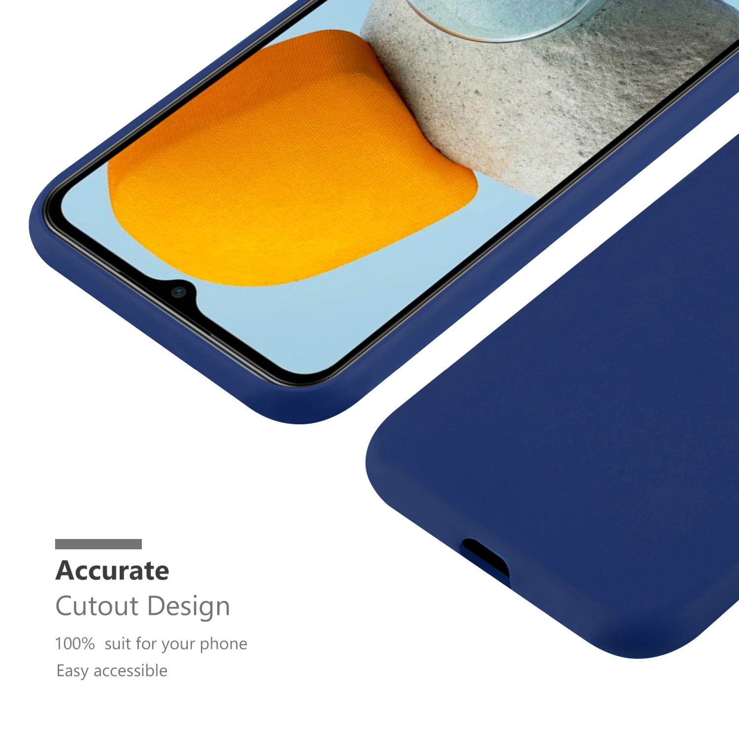 Custodia blu con telefono dentro. Testo: Design preciso del ritaglio. Adatto al 100% al tuo telefono. Facile accesso.