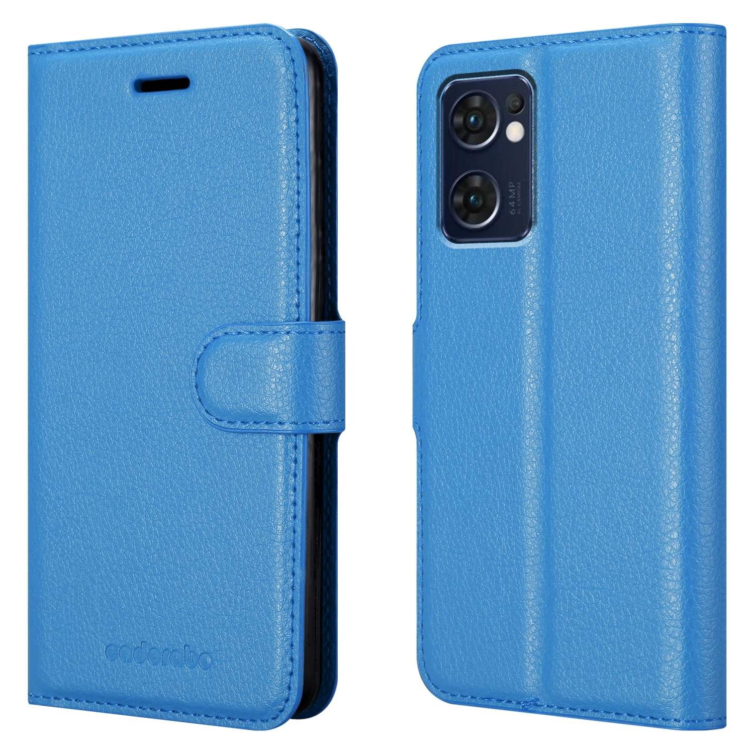 Funda azul abierta, mostrando el teléfono. Texto: Drop Protection. Textura de cuero azul.