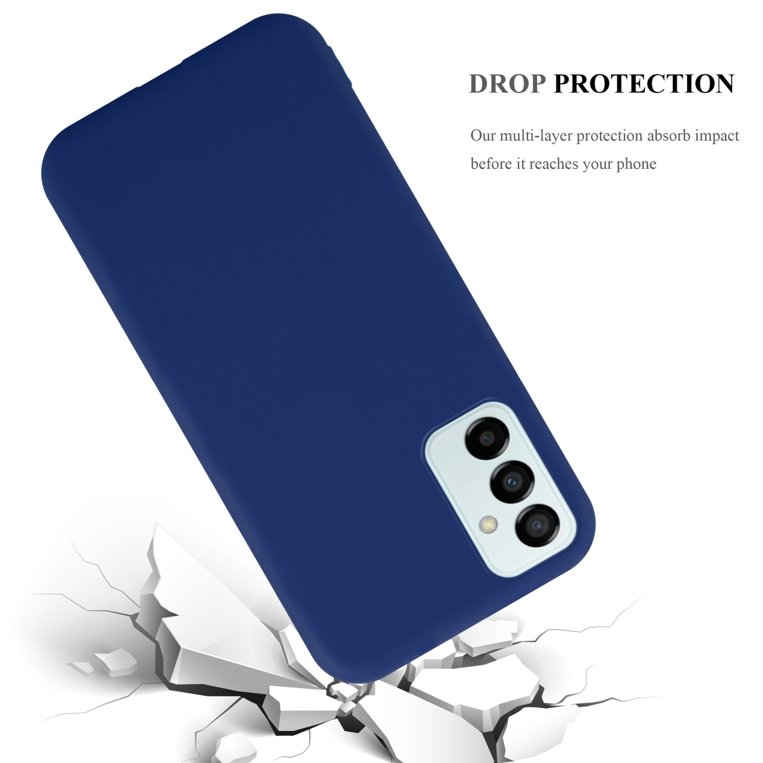 Custodia per telefono blu con un telefono. La custodia è angolata, mostrando il retro e uno sfondo bianco.
