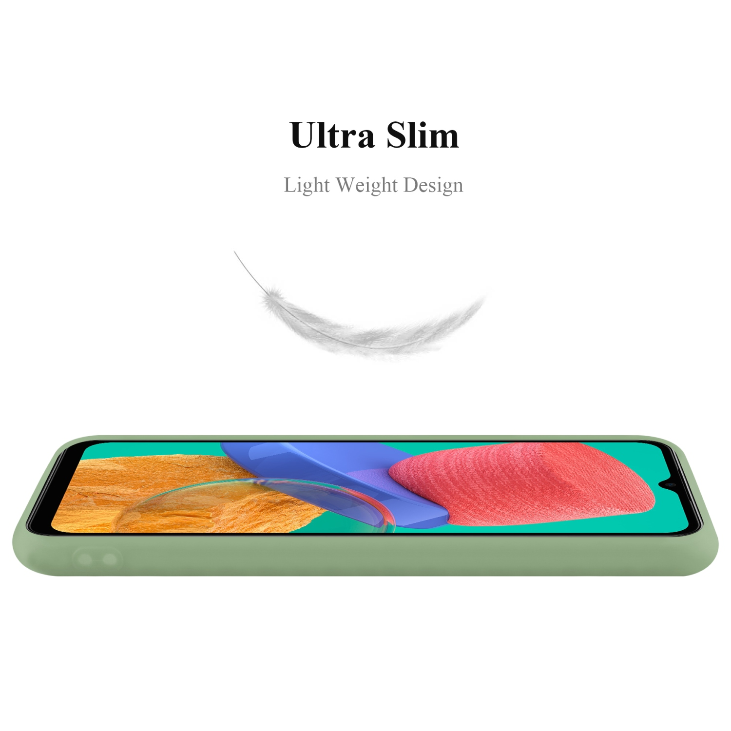 Custodia per telefono verde chiaro, con una piuma bianca che fluttua sopra, testo 'Ultra Slim' e 'Light Weight Design'.