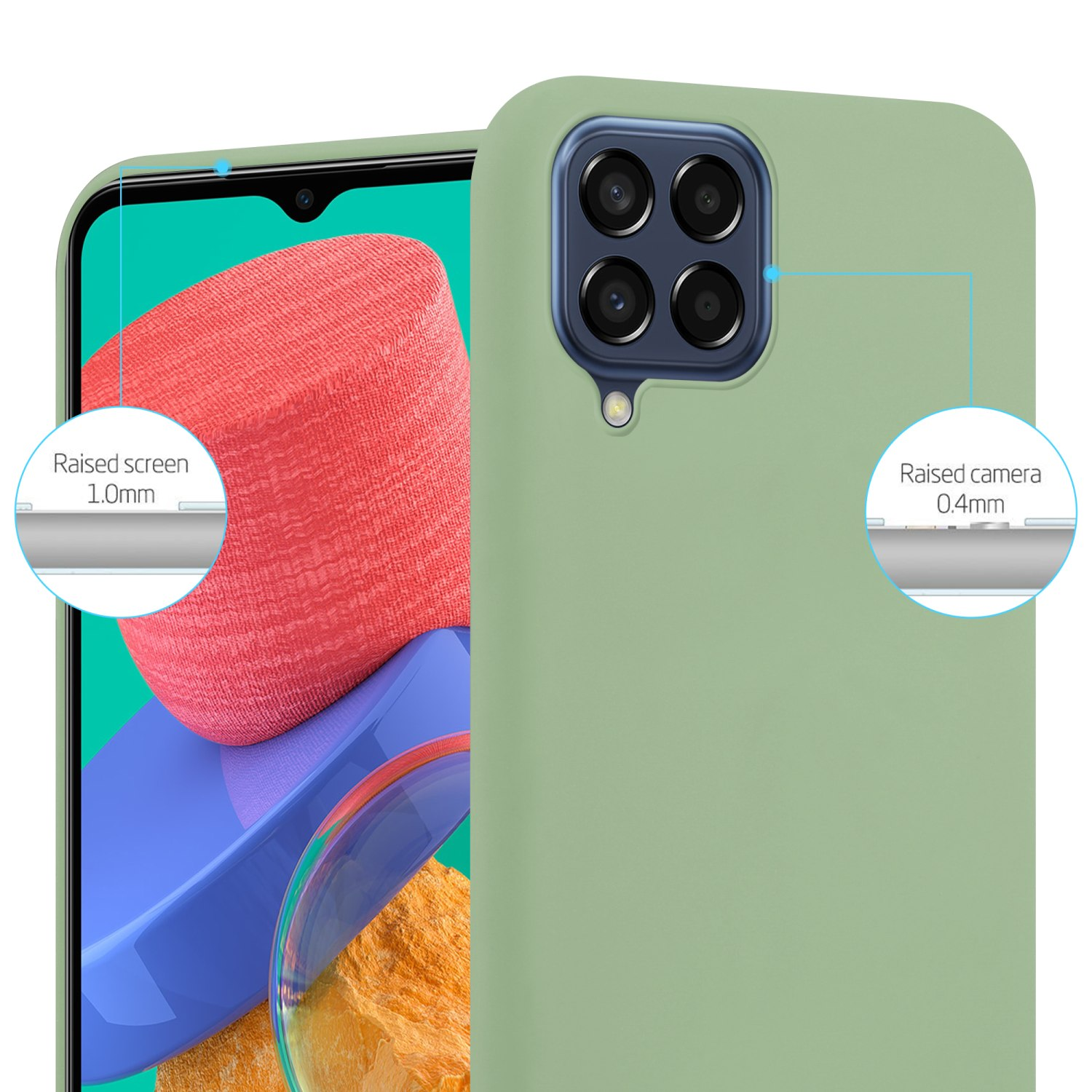 Custodia verde per telefono con bordi rialzati. Testo: Schermo rialzato, fotocamera rialzata.